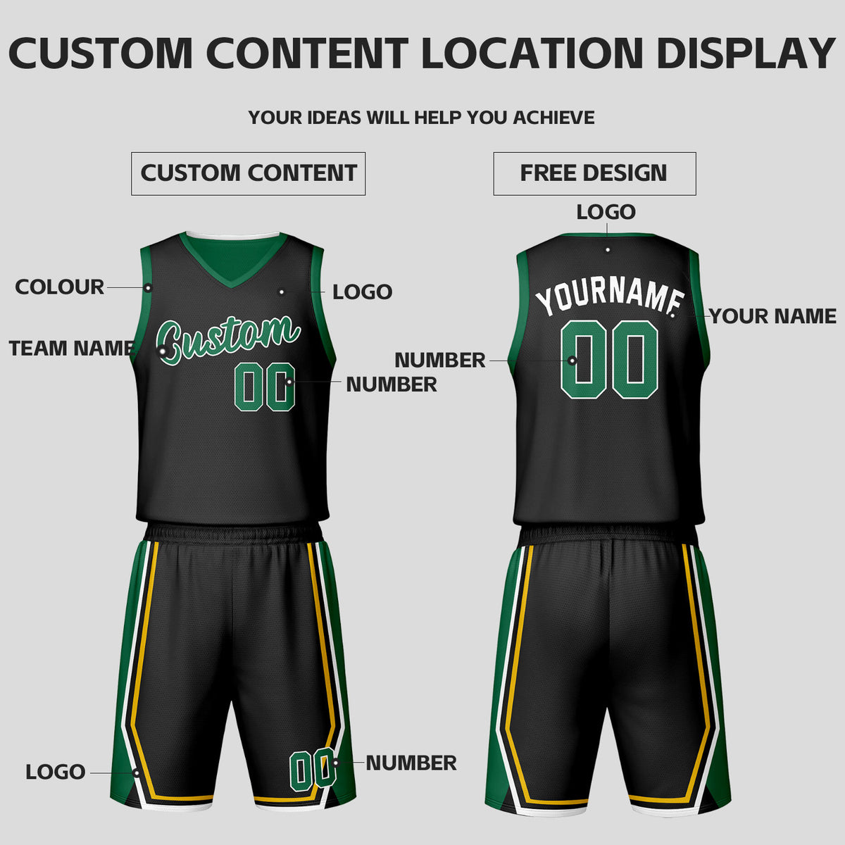 Custom Green Black Reversible Basketball Jersey Set | Personalized Name Number Mesh Sports Uniform