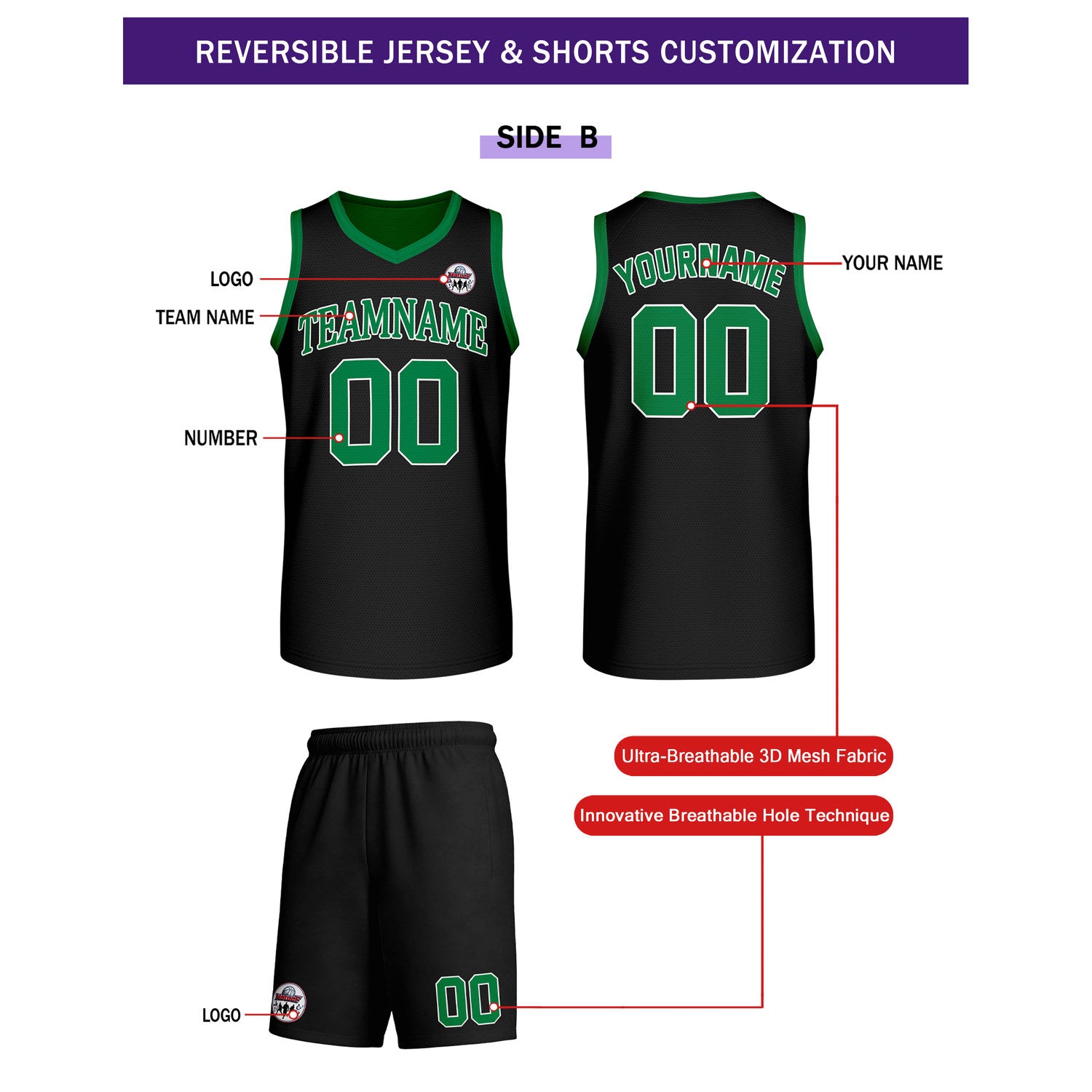 Custom Green & Black Reversible Basketball Uniform Set | Personalized Team Name & Number - Vosoli