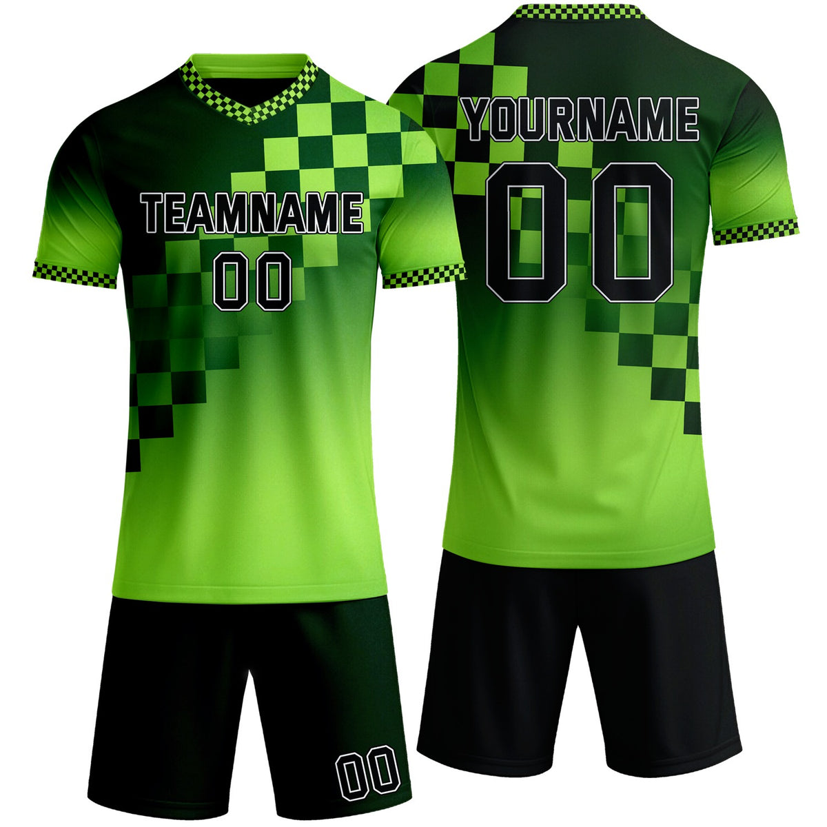 Custom green checkerboard gradient soccer jersey set, personalized name number team logo, short-sleeve jersey with matching shorts sports uniform for men women youth adult game practice - Vosoli