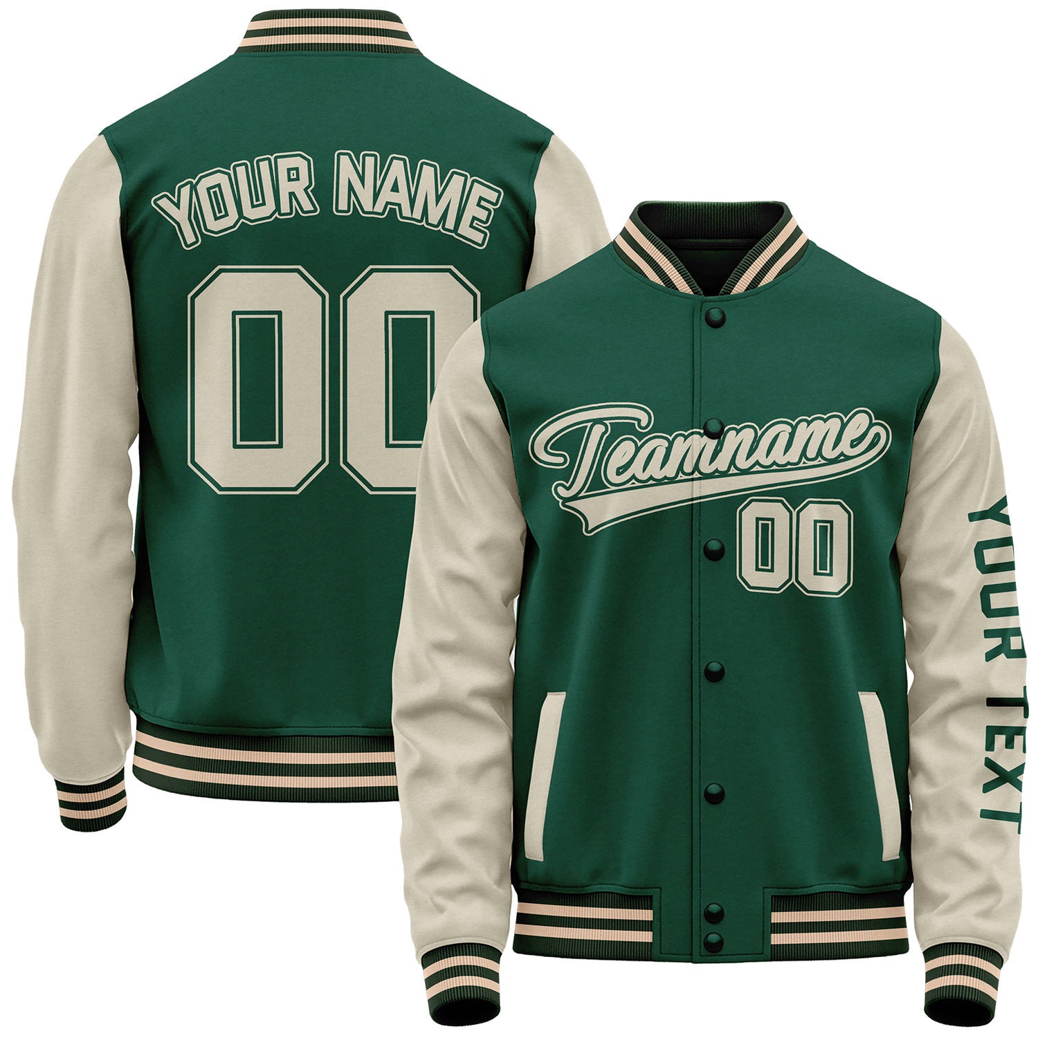Custom green and cream baseball team apparel jackets by Vosoli with stitched name, number and logo. Classic varsity jacket for baseball and casual wear.