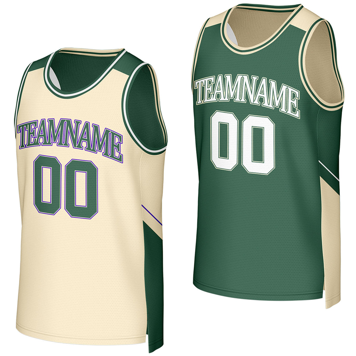 Custom green & cream reversible basketball jersey by Vosoli. Personalized with team name, player name, number, and logo on both sides. Breathable mesh 2‑in‑1 jersey for high school, college, AAU teams.