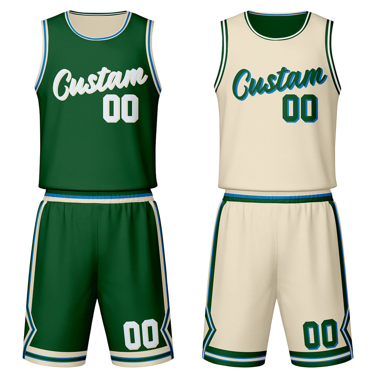 Custom green &amp; cream reversible basketball jersey set with shorts by Vosoli | Personalized team name, number &amp; logo | Breathable mesh sport jersey uniform