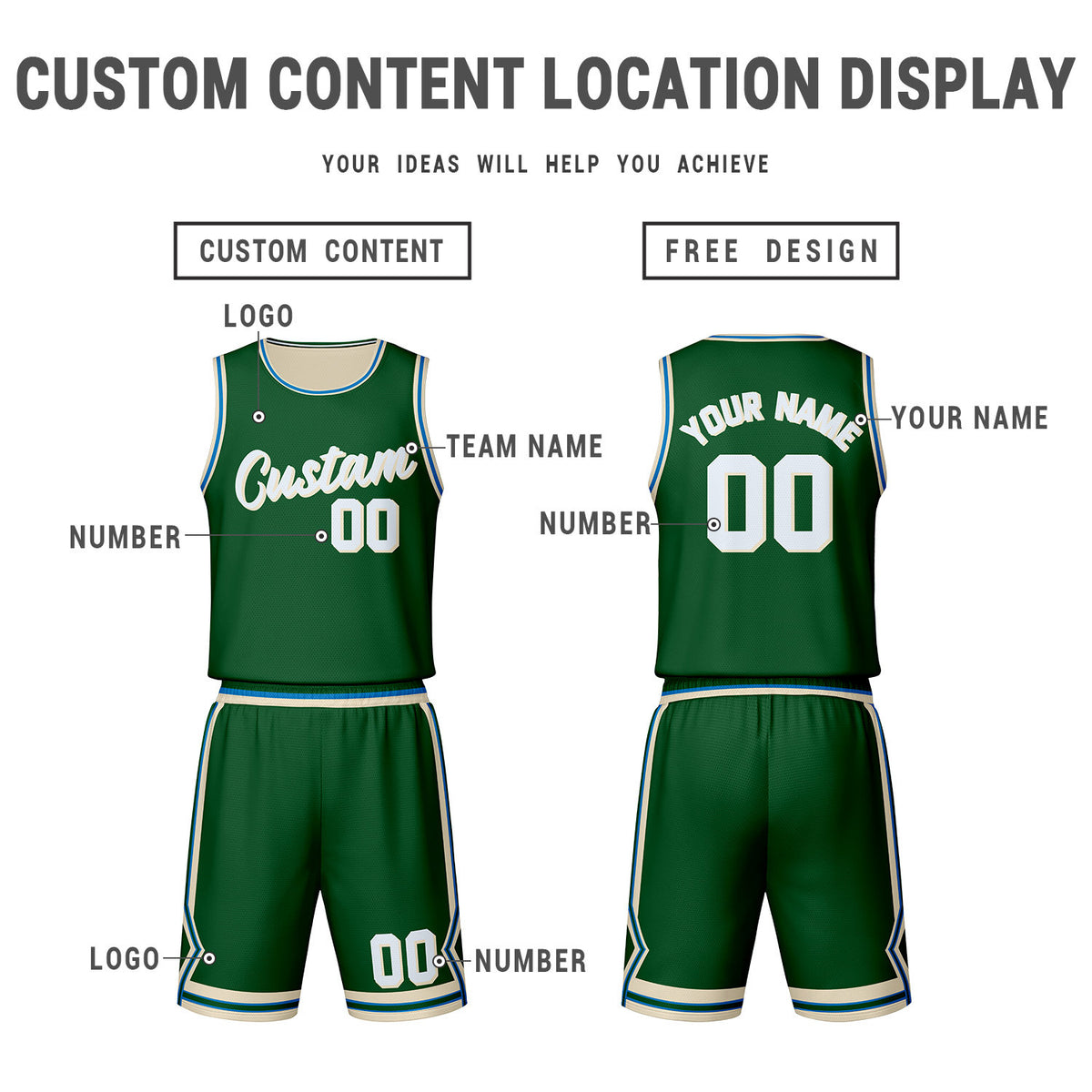 Custom Green Cream Reversible Basketball Jersey Set | Personalized Name Number Mesh Sports Uniform