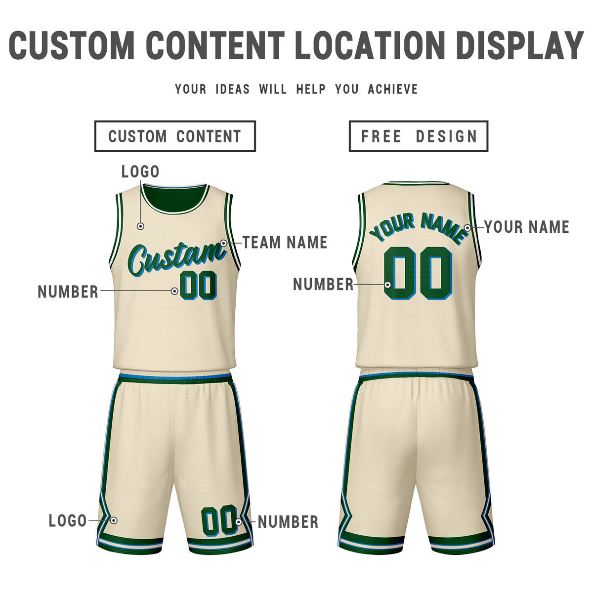 Custom Green Cream Reversible Basketball Jersey Set | Personalized Name Number Mesh Sports Uniform