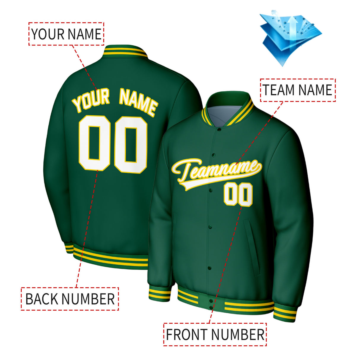 Custom Green Varsity Baseball Jacket | Personalized Jacket with Stitched Name & Number for Adult & Youth