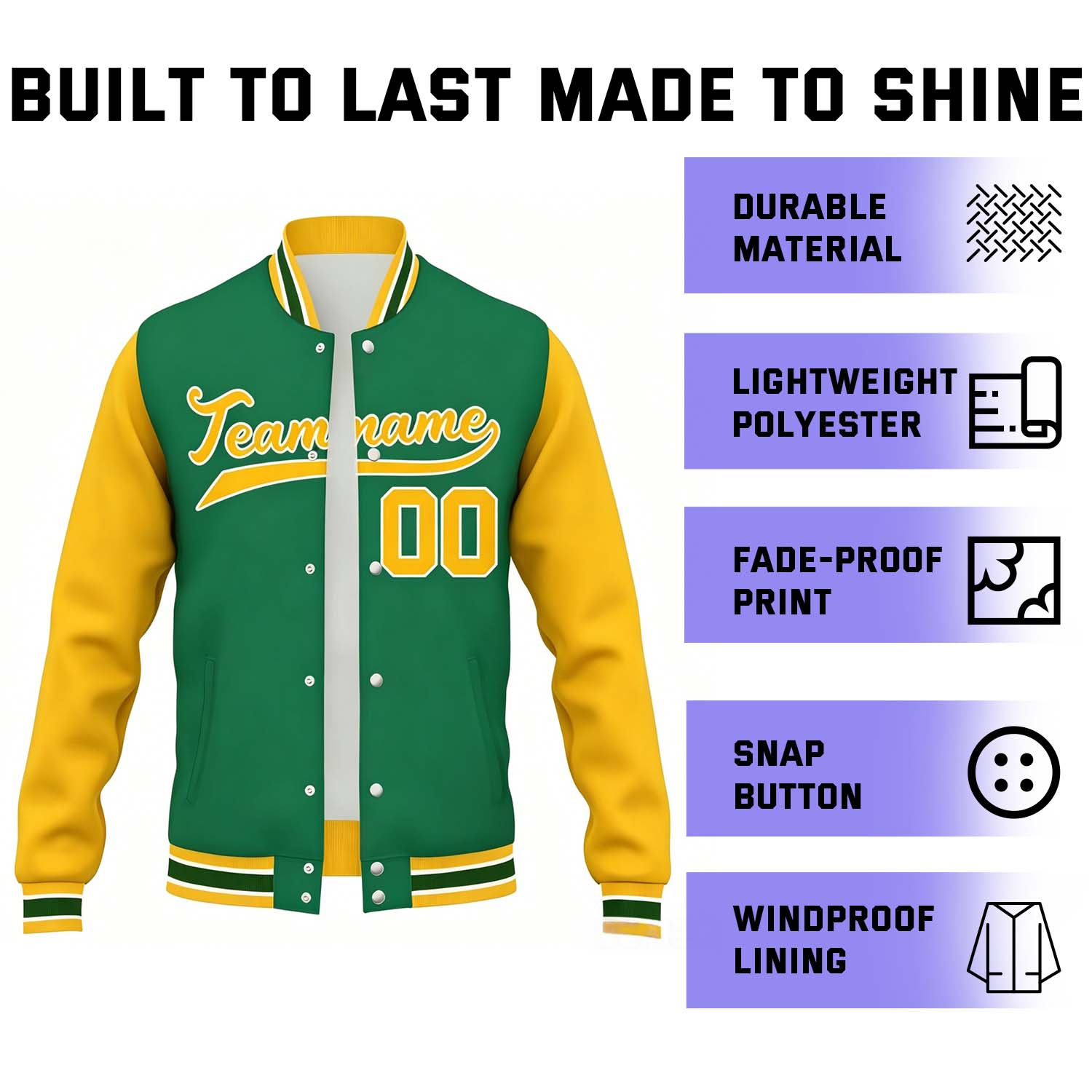 Custom Green & Gold Contrast Sleeve Varsity Baseball Jacket | Personalized Team Name & Number