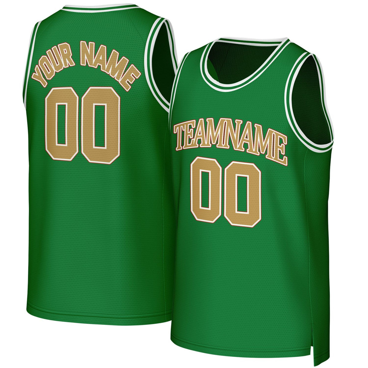 Custom green & gold basketball jersey by Vosoli. Personalized with team name, player name, number, and logo. Breathable mesh jersey for high school, college, AAU teams.