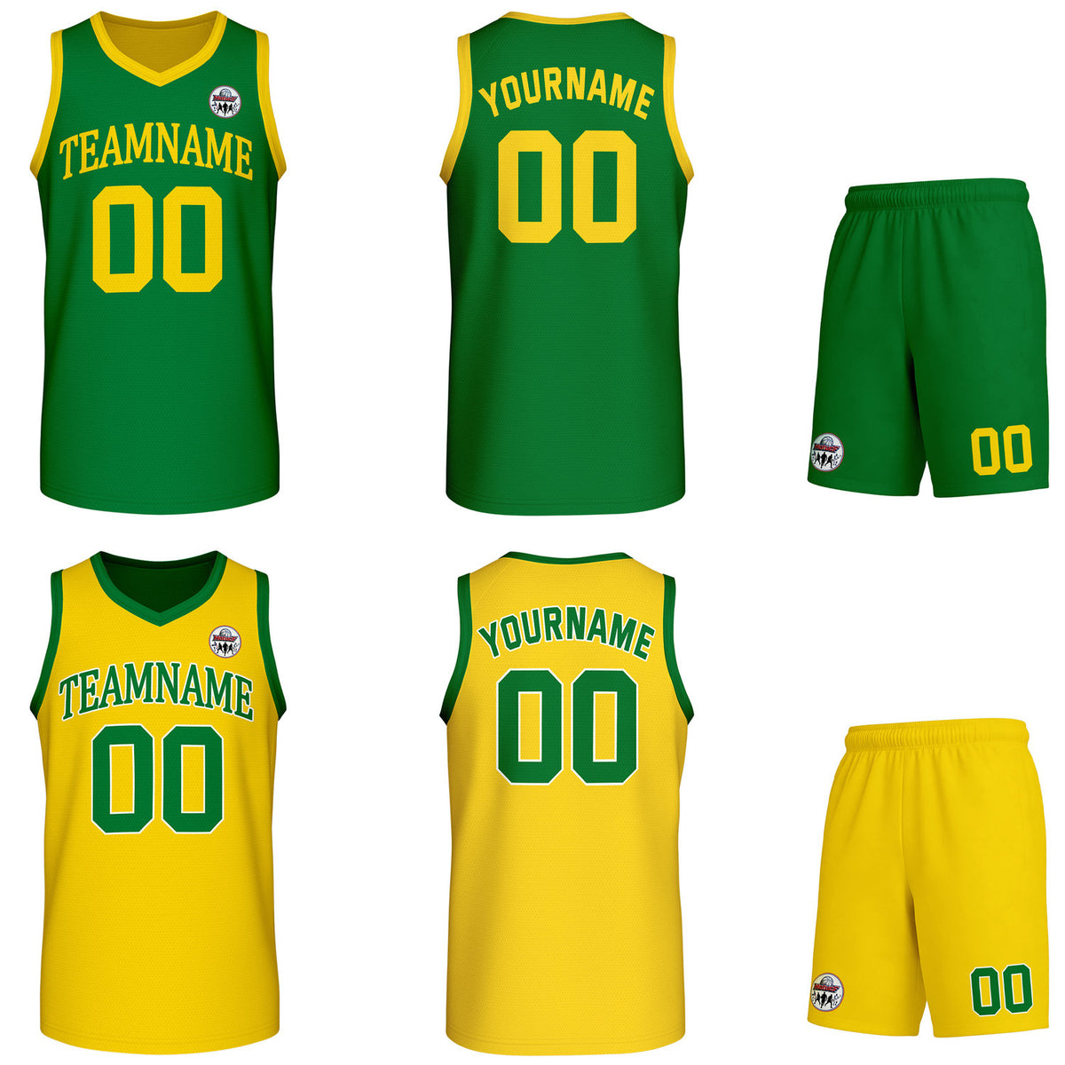 Custom green &amp; yellow Reversible basketball uniform set, personalized team name number logo breathable mesh jersey and shorts men women youth game practice - Vosoli