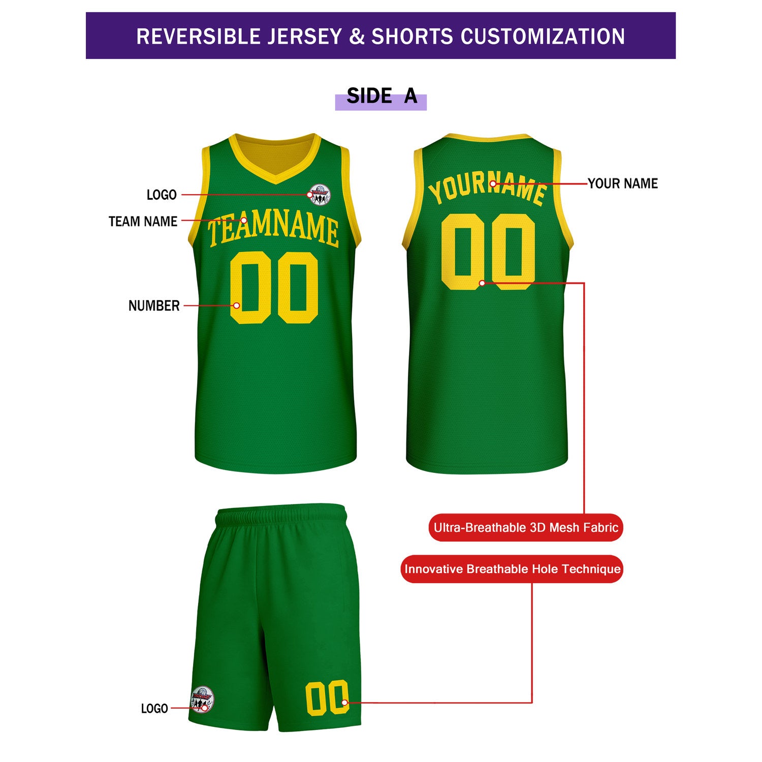 Custom Green & Gold Reversible Basketball Uniform Set | Personalized Team Name & Number - Vosoli