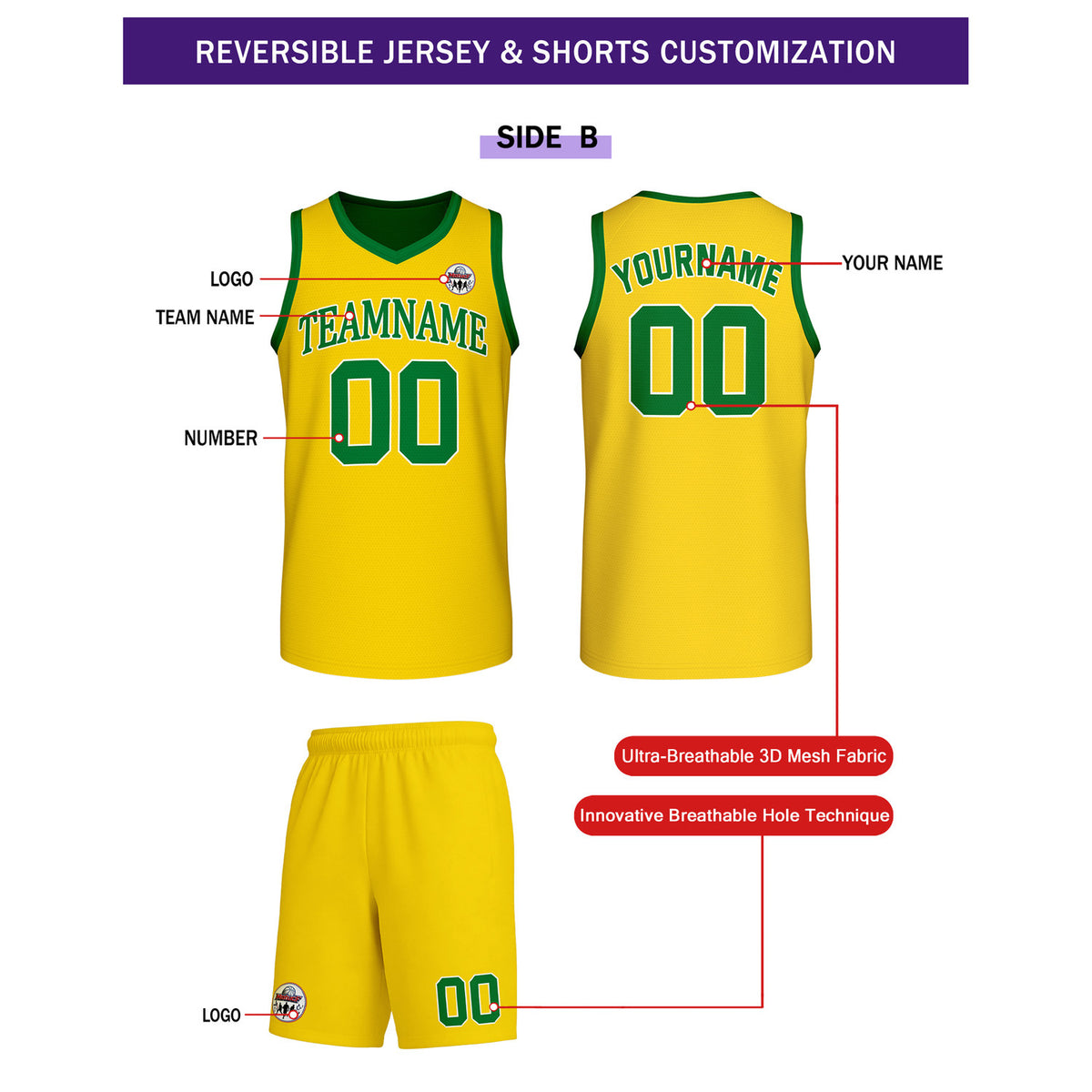 Custom Green & Gold Reversible Basketball Uniform Set | Personalized Team Name & Number - Vosoli