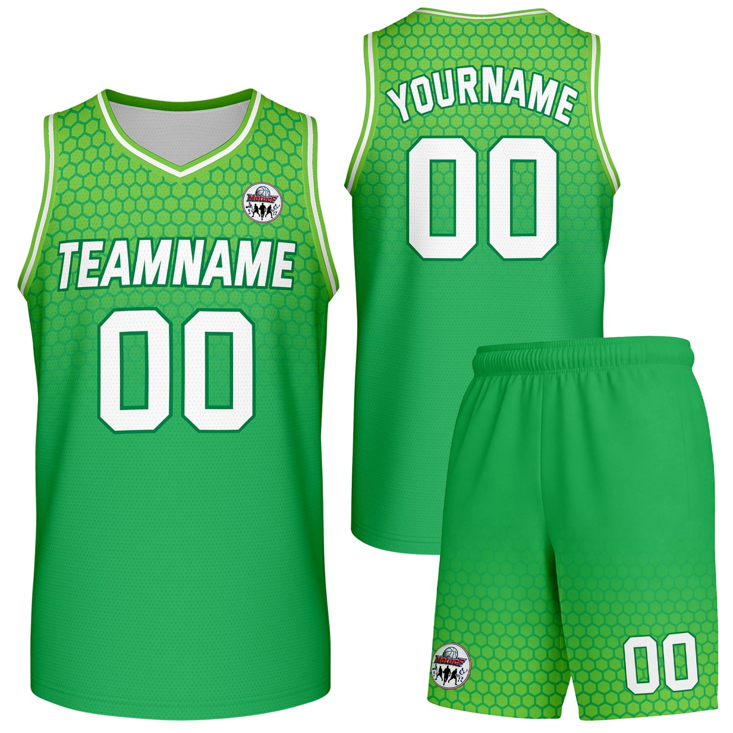 Custom green honeycomb-pattern basketball uniform set, personalized team name number logo breathable mesh jersey and shorts men women youth game practice - Vosoli