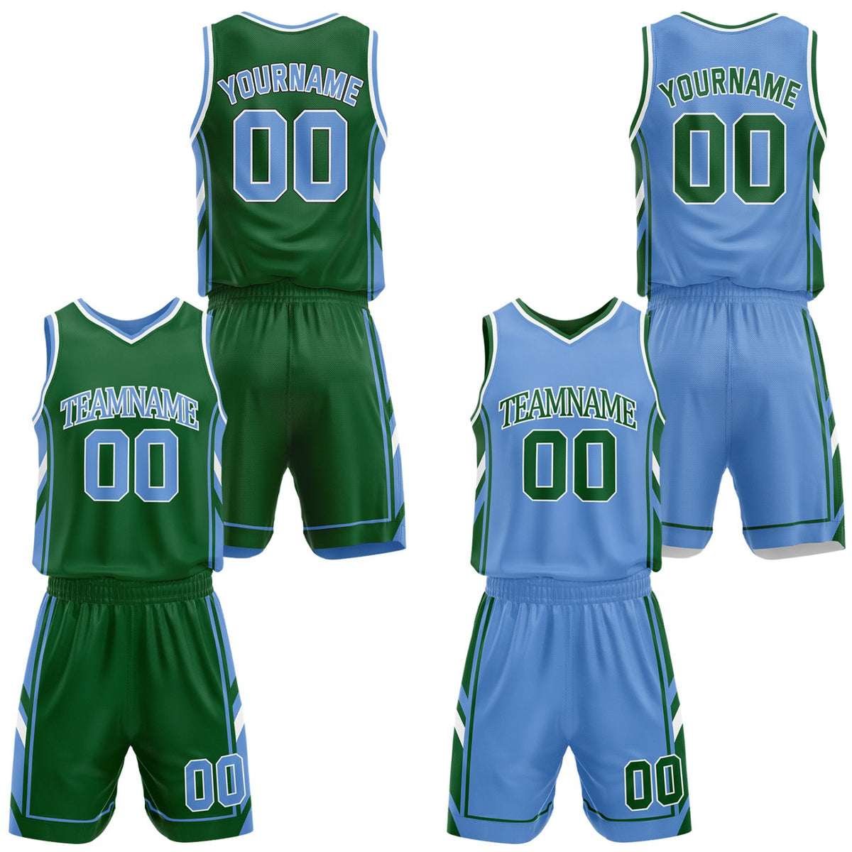 Custom green &amp; light blue reversible basketball uniform set by Vosoli | Personalized team name, number &amp; logo | Breathable mesh jersey and shorts sport set