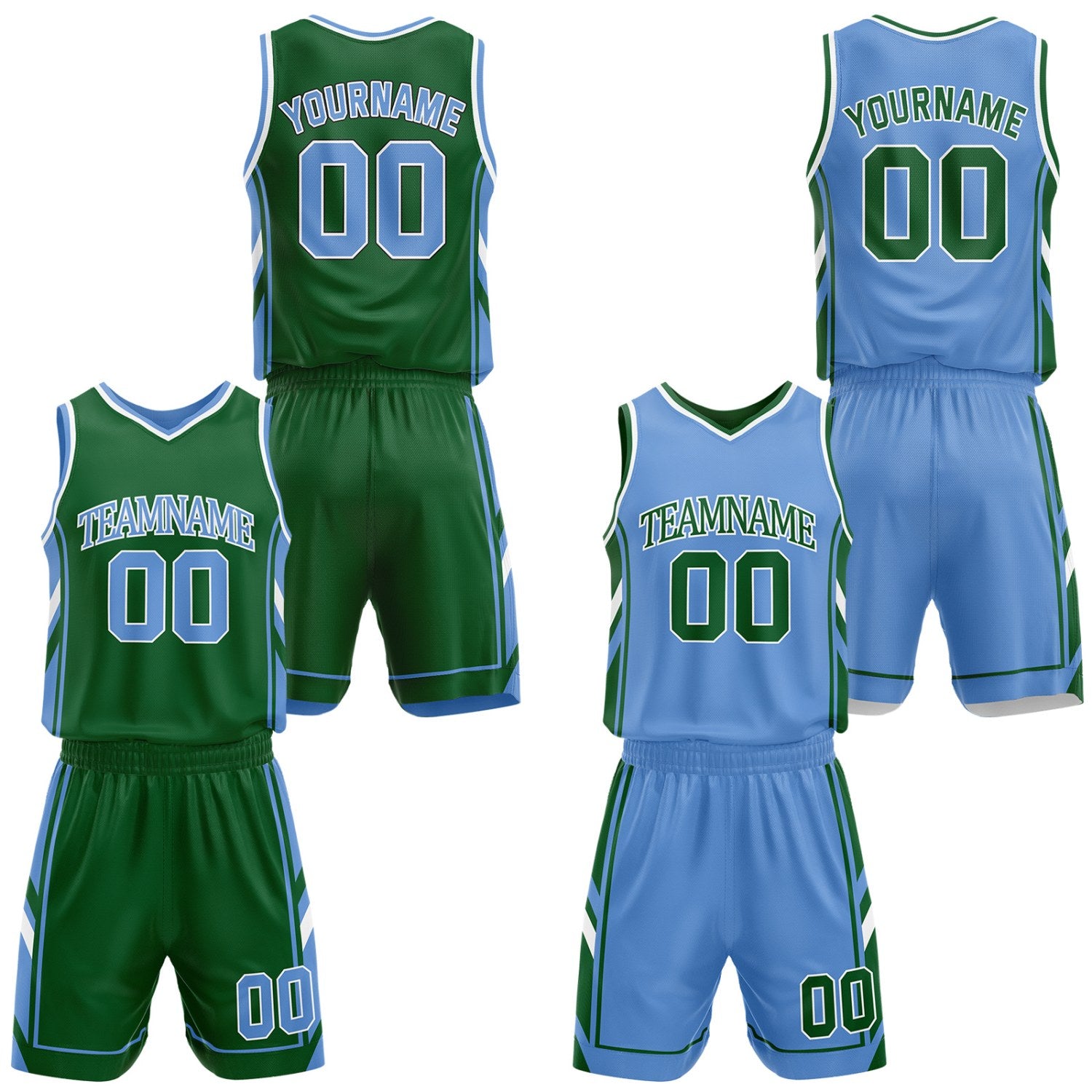 Custom green & light blue reversible basketball uniform set by Vosoli | Personalized team name, number & logo | Breathable mesh jersey and shorts sport set