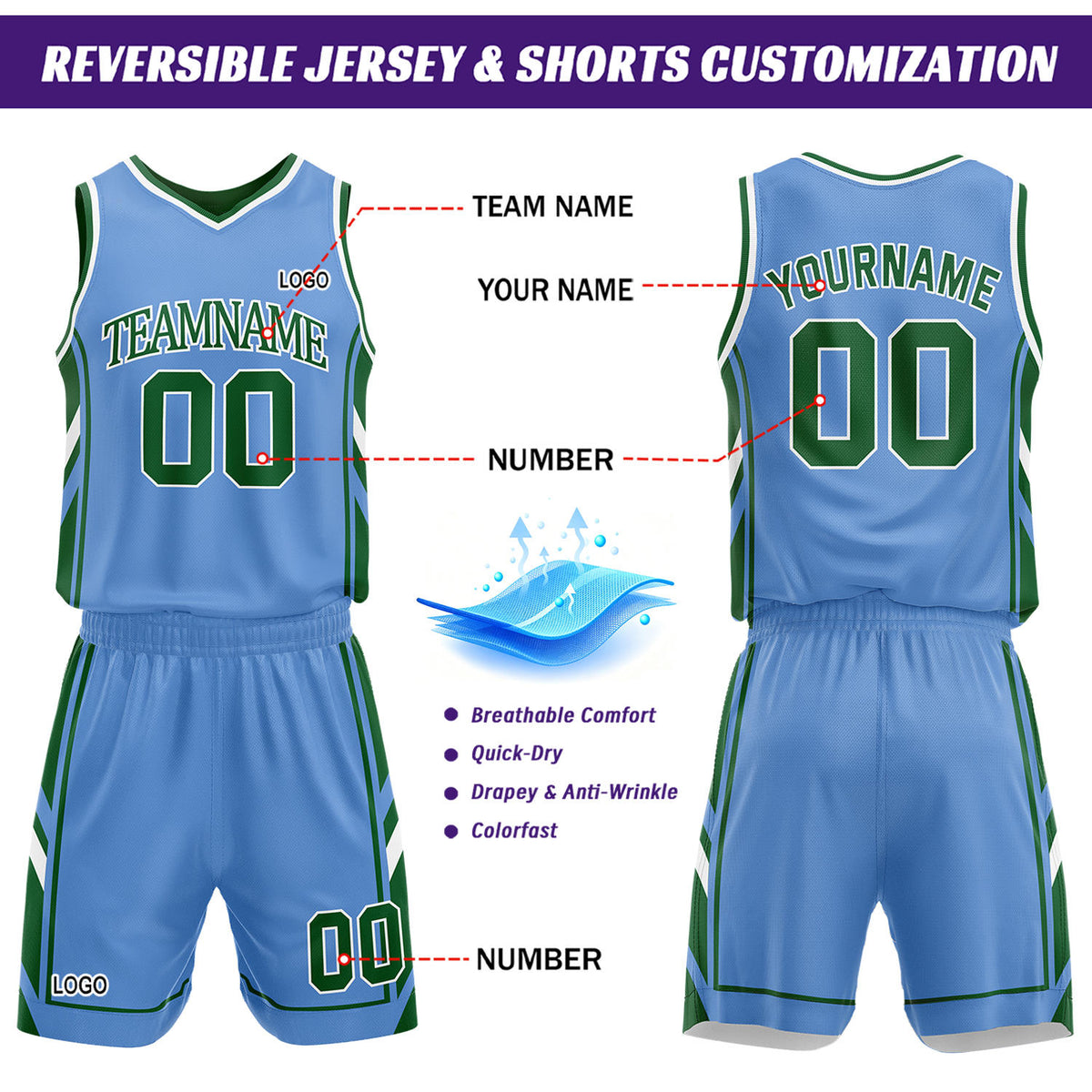 Custom Green & Light Blue Reversible Basketball Uniform Set | Personalized Name Number Sports Jersey Shorts Kit