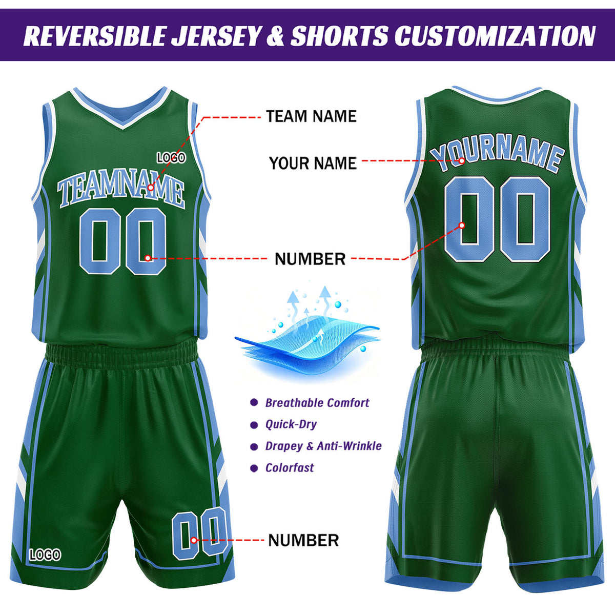 Custom Green & Light Blue Reversible Basketball Uniform Set | Personalized Name Number Sports Jersey Shorts Kit
