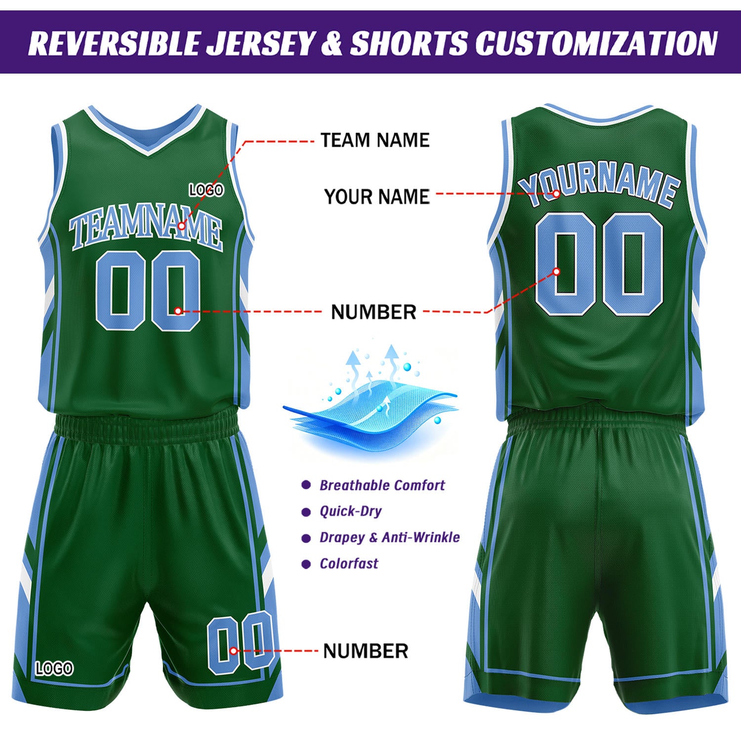 Custom Green & Light Blue Reversible Basketball Uniform Set | Personalized Name Number Sports Jersey Shorts Kit