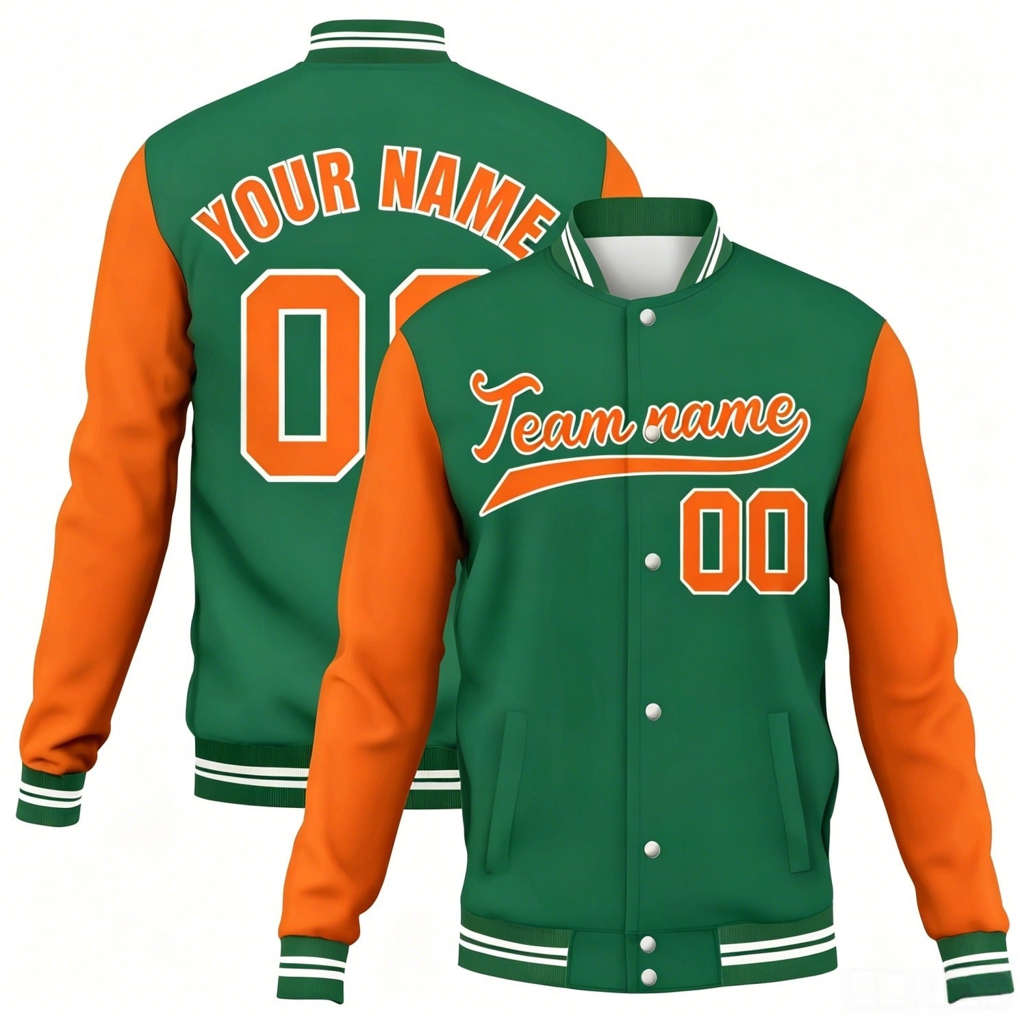 Custom green-orange contrast sleeve stitched varsity baseball jacket by Vosoli | Personalized team name & number jacket for youth & adults