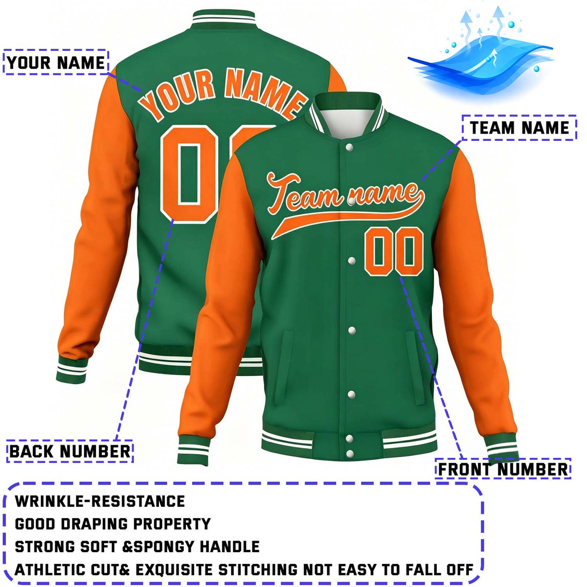 Custom Green & Orange Contrast Sleeve Varsity Baseball Jacket | Personalized Team Name & Number