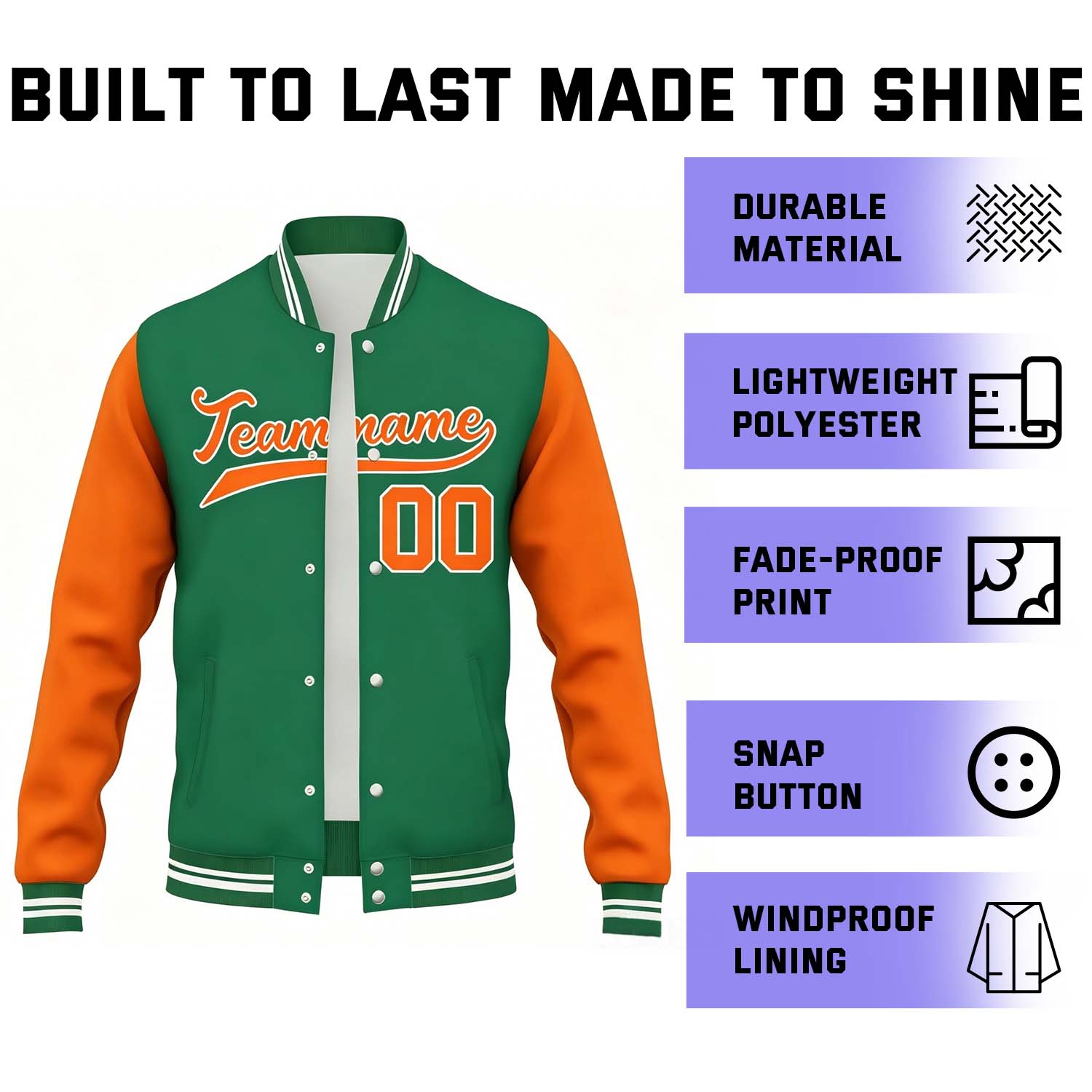 Custom Green & Orange Contrast Sleeve Varsity Baseball Jacket | Personalized Team Name & Number