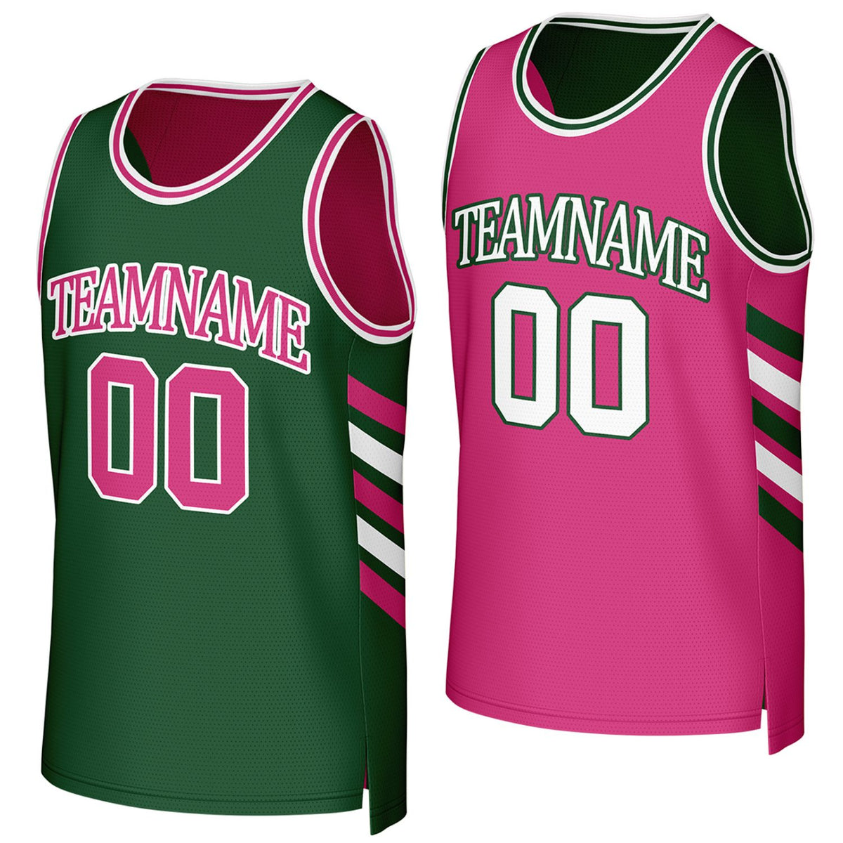 Custom green & pink reversible basketball jersey by Vosoli. Personalized with team name, player name, number, and logo on both sides. Breathable mesh 2-in-1 jersey for high school, college, AAU teams.