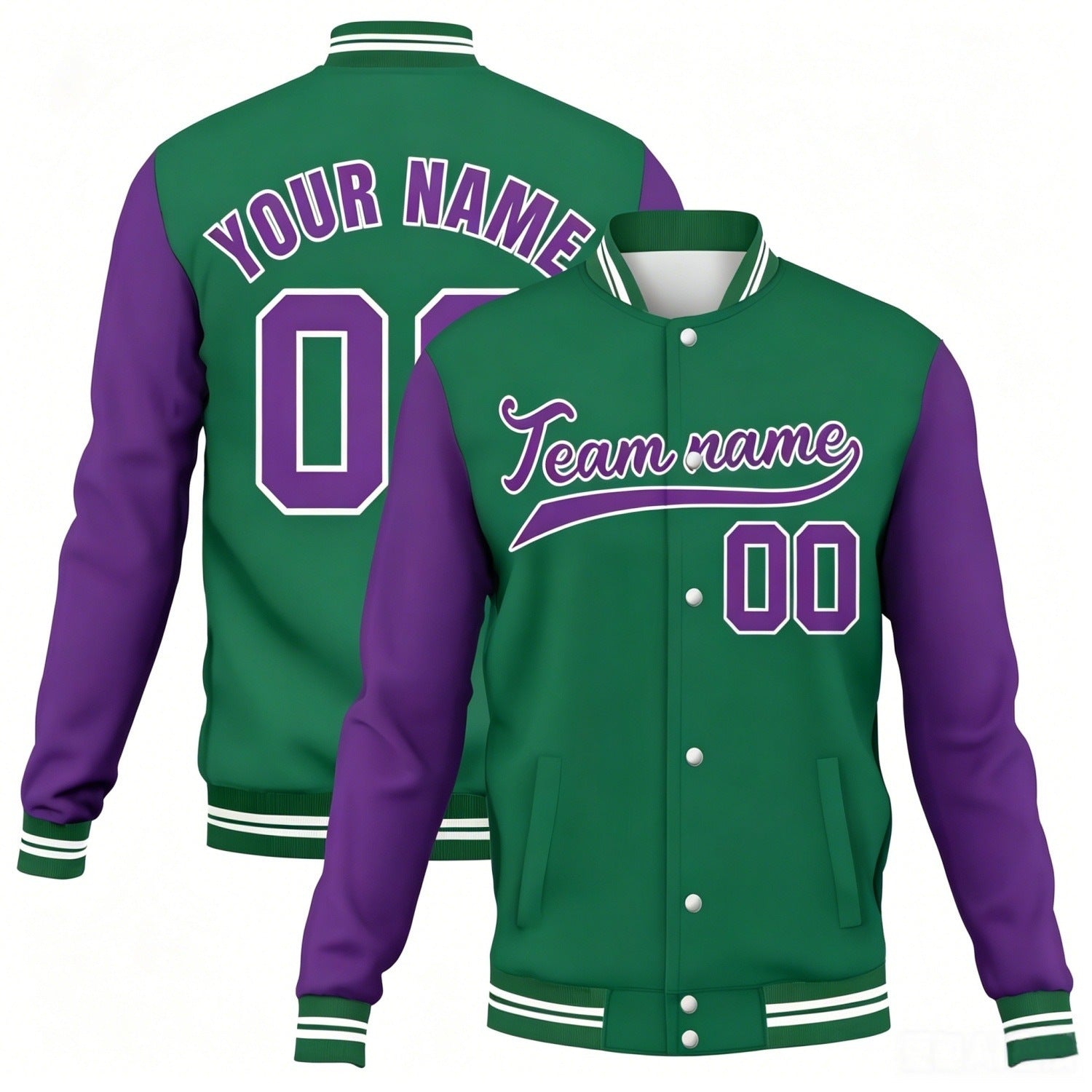 Custom green-purple contrast sleeve stitched varsity baseball jacket by Vosoli | Personalized team name & number jacket for youth & adults
