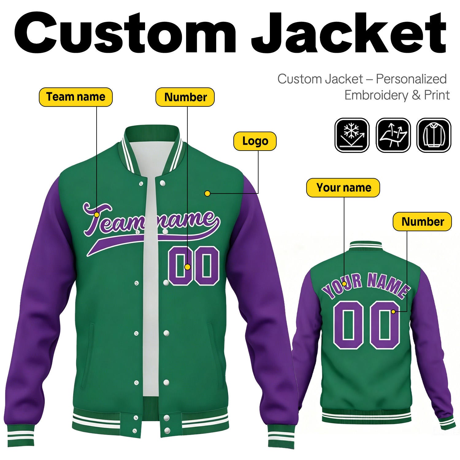 Custom Green & Purple Contrast Sleeve Varsity Baseball Jacket | Personalized Team Name & Number