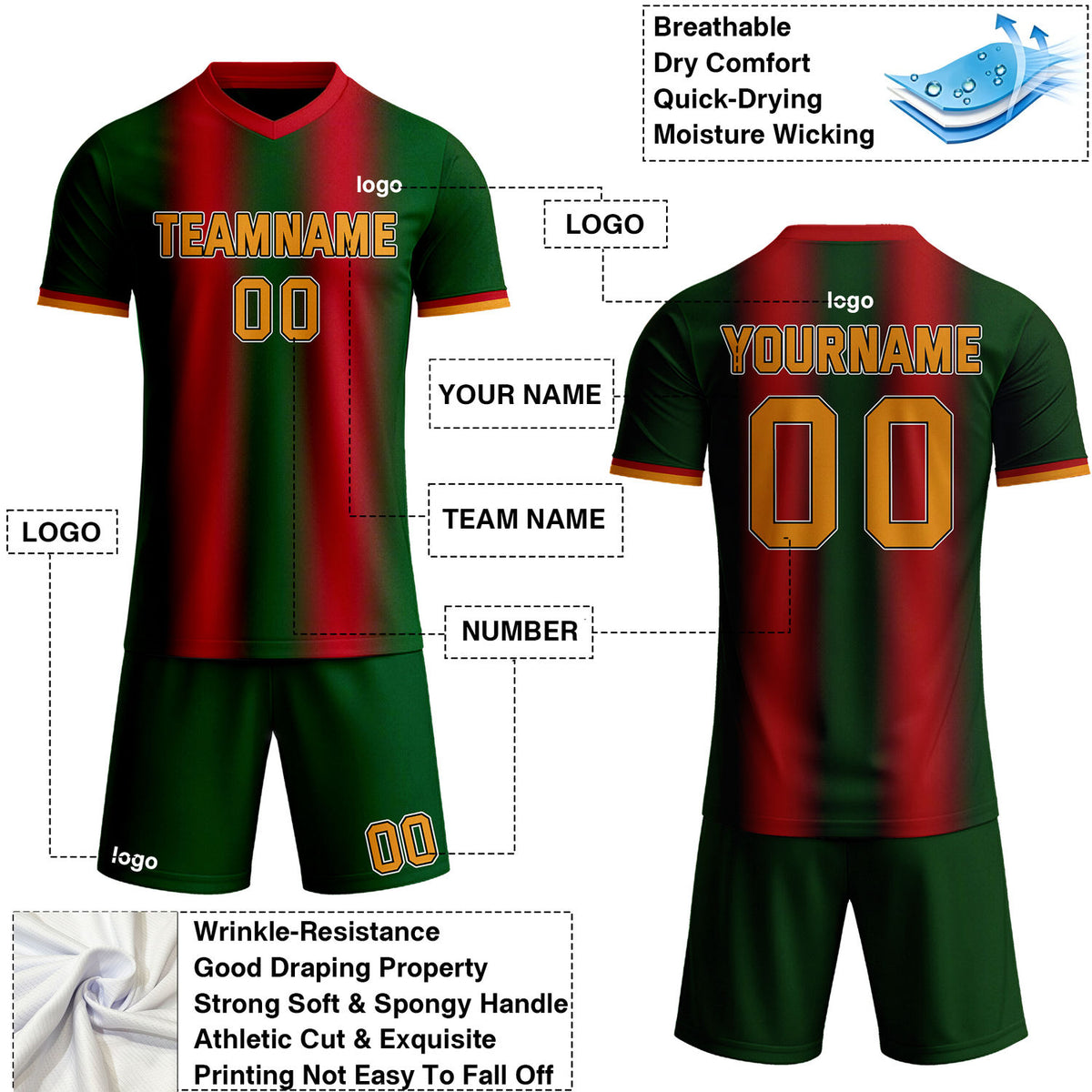 Custom Green & Red Stripe Gradient Soccer Jersey Set | Personalized Team Uniform | Vosoli