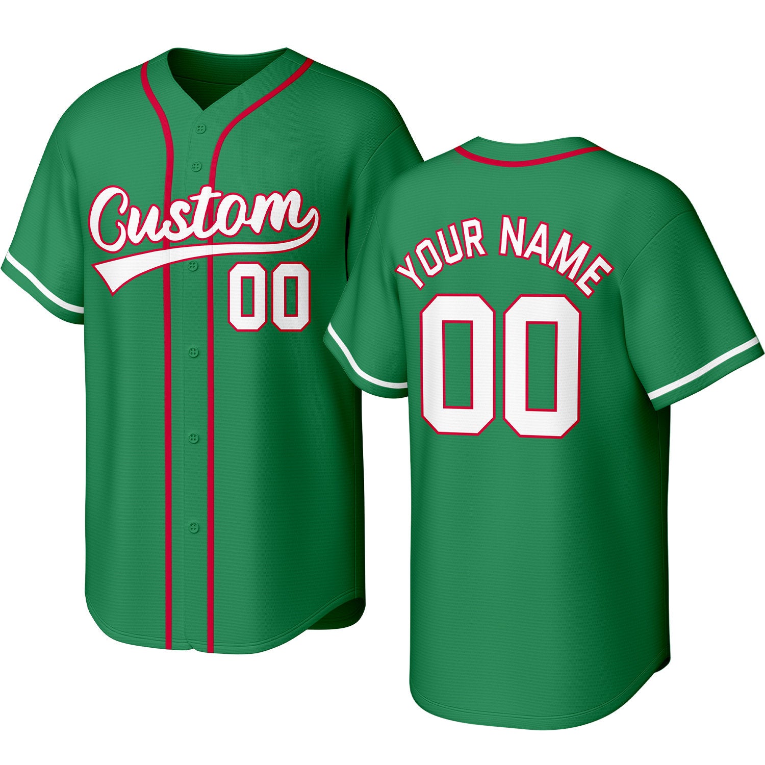 Custom green, red & white baseball jersey with stitched logo, personalized name & number, button-front short-sleeve sports uniform for team men women youth game practice - Vosoli