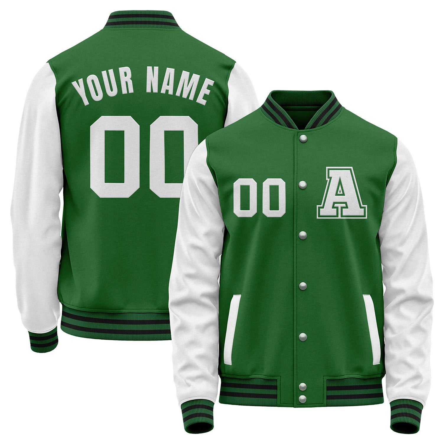 Custom green and white baseball jacket manufacturer by Vosoli with stitched name, number and logo. Classic varsity jacket for baseball and casual wear.