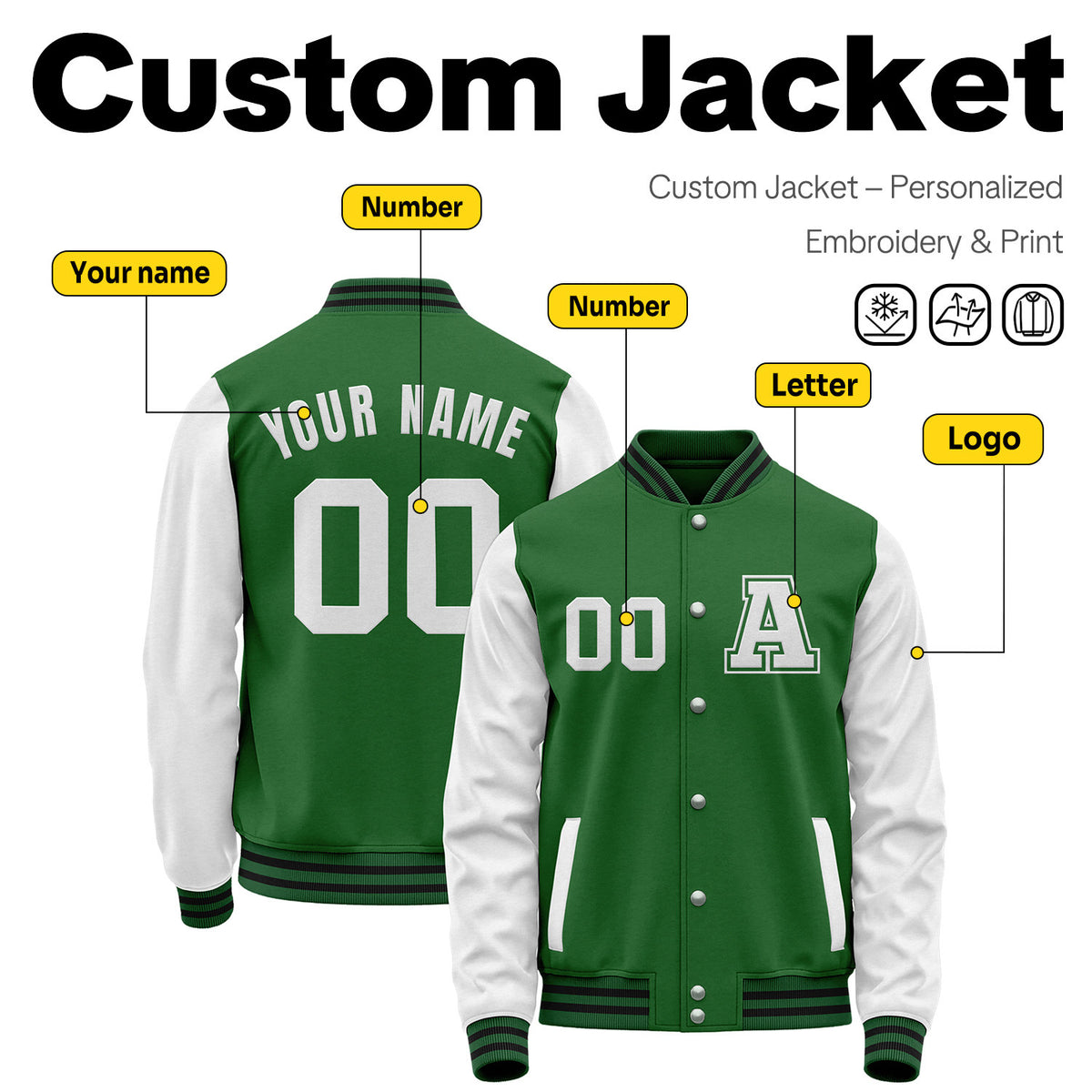 Custom Varsity Jacket with Stitched Name & Number | Green & White Personalized Team Letterman Bomber