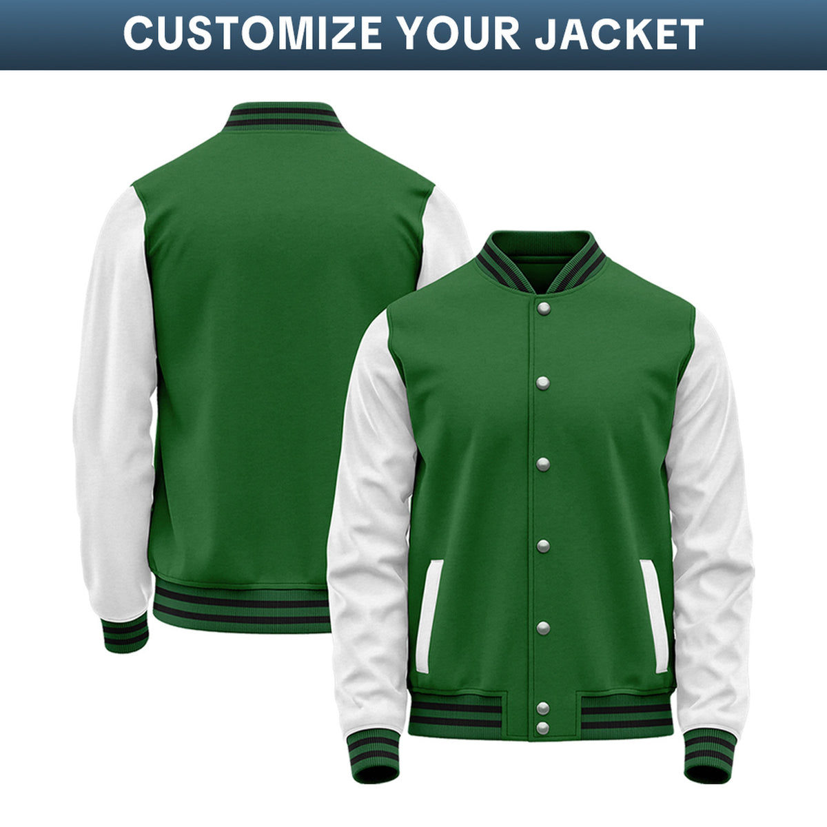 Custom Varsity Jacket with Stitched Name & Number | Green & White Personalized Team Letterman Bomber