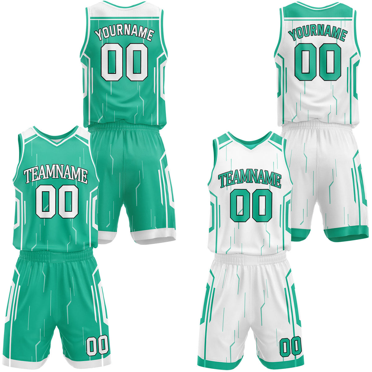 Custom green &amp; white reversible basketball jersey shorts set by Vosoli | Personalized block team name number circuit geometric uniform sportswear