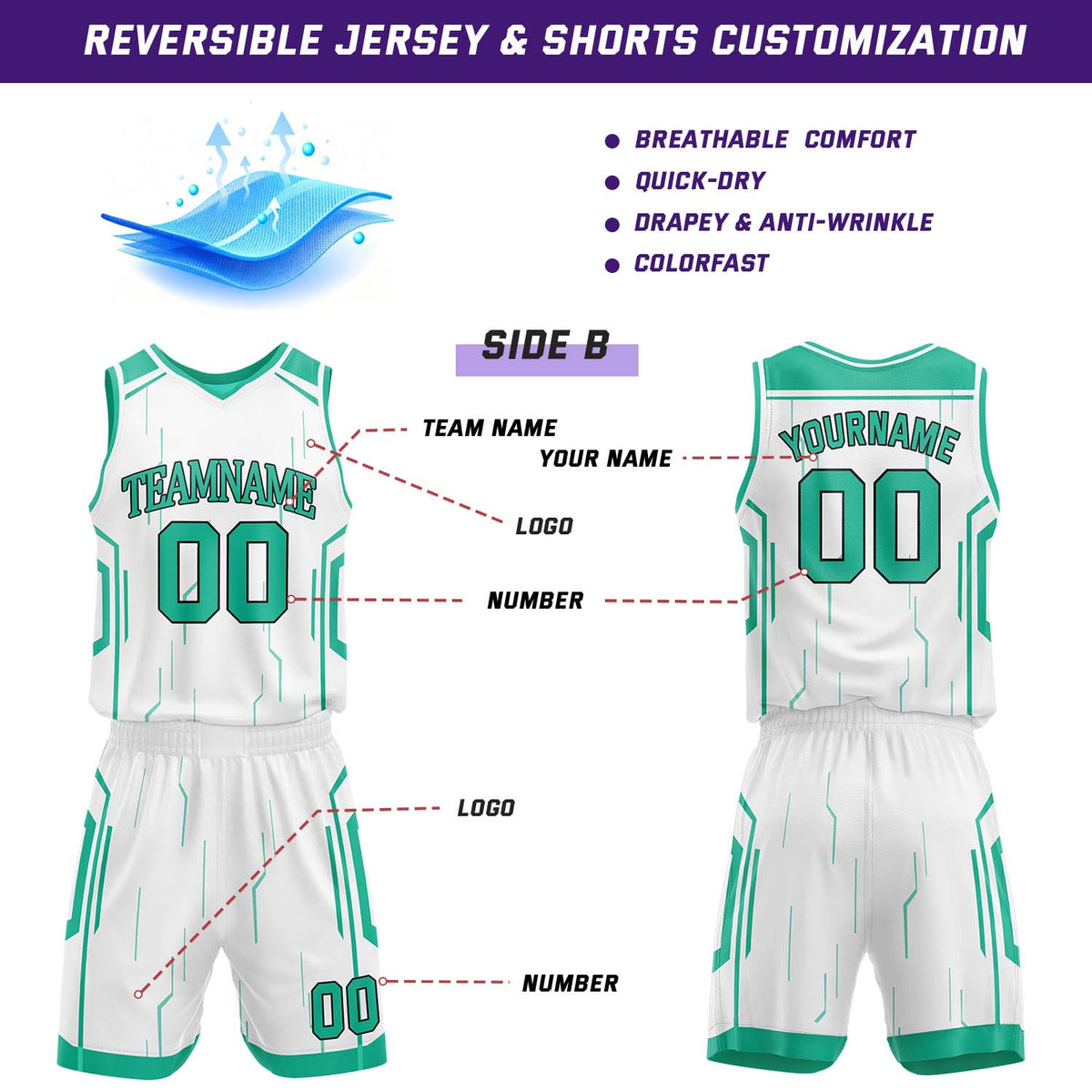 Custom Green & White Reversible Circuit Geometric Basketball Jersey Shorts Set | Personalized Team Uniform
