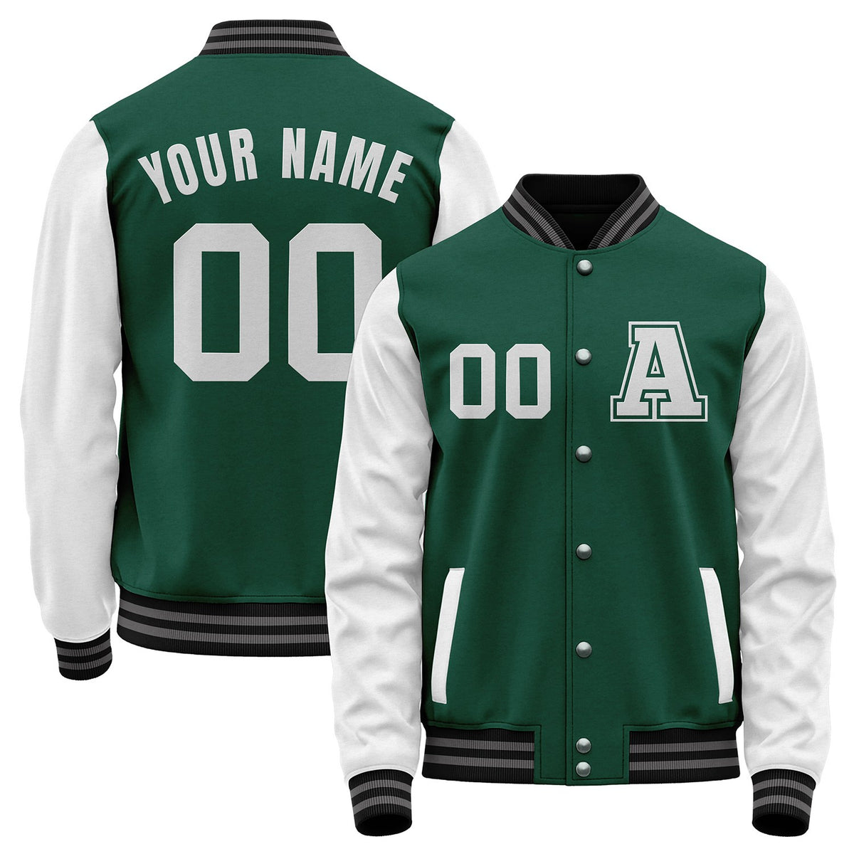 Custom green and white college baseball team jackets by Vosoli with stitched name, number and logo. Classic varsity jacket for baseball and casual wear.