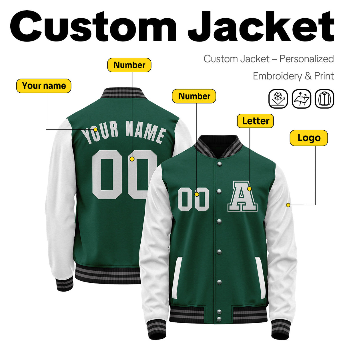 Custom Varsity Jacket with Stitched Name & Number | Green & White Personalized Team Letterman Bomber