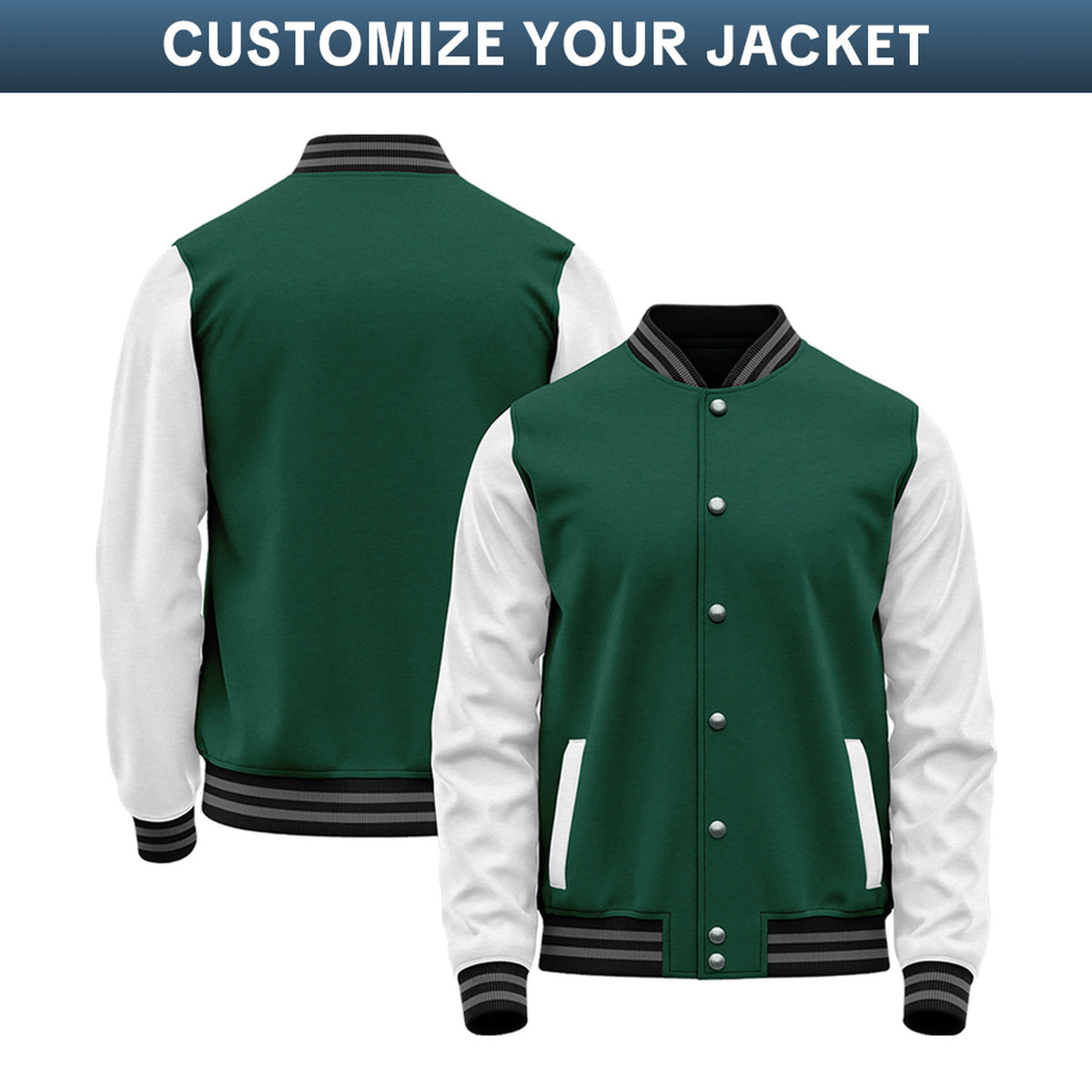 Custom Varsity Jacket with Stitched Name & Number | Green & White Personalized Team Letterman Bomber