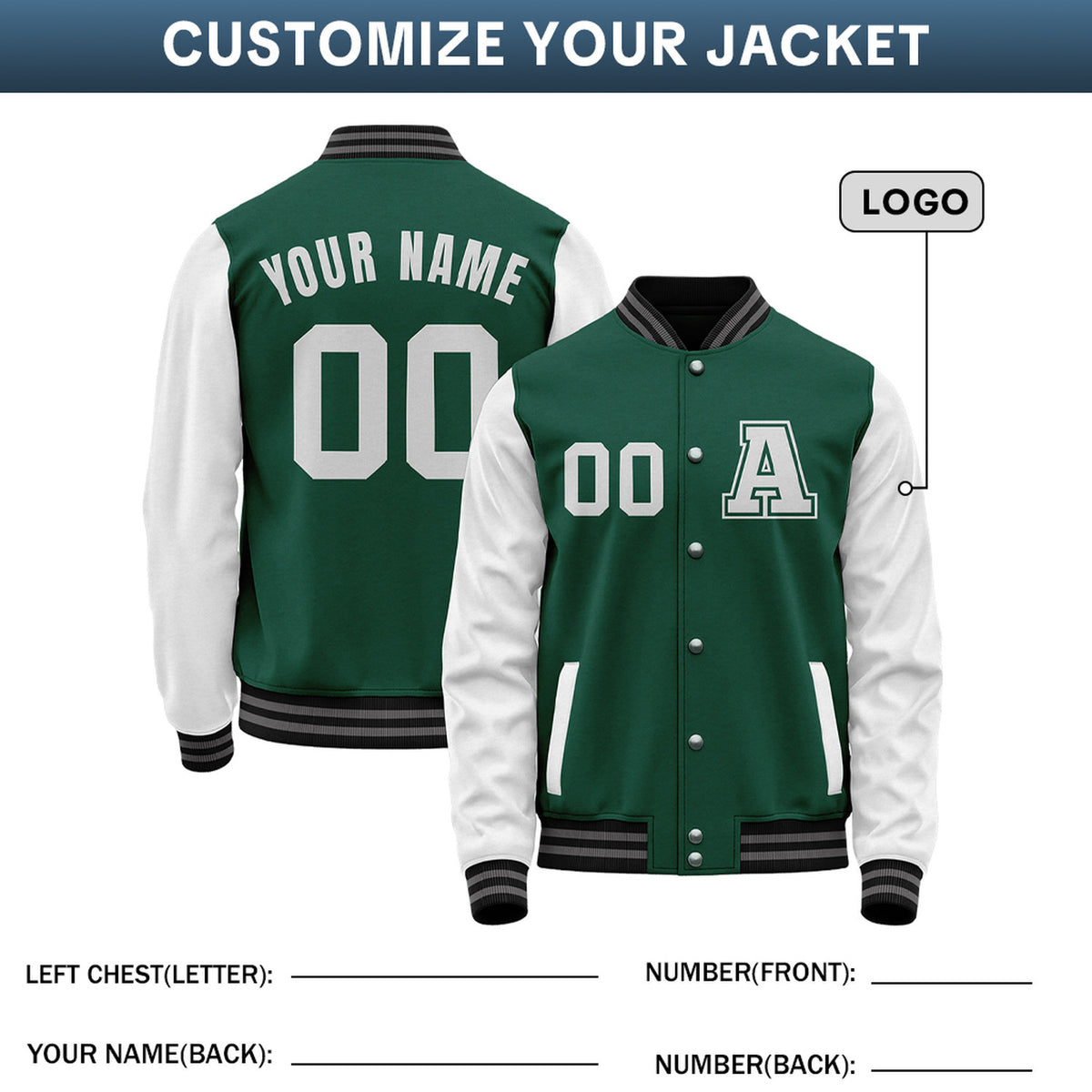 Custom Varsity Jacket with Stitched Name & Number | Green & White Personalized Team Letterman Bomber