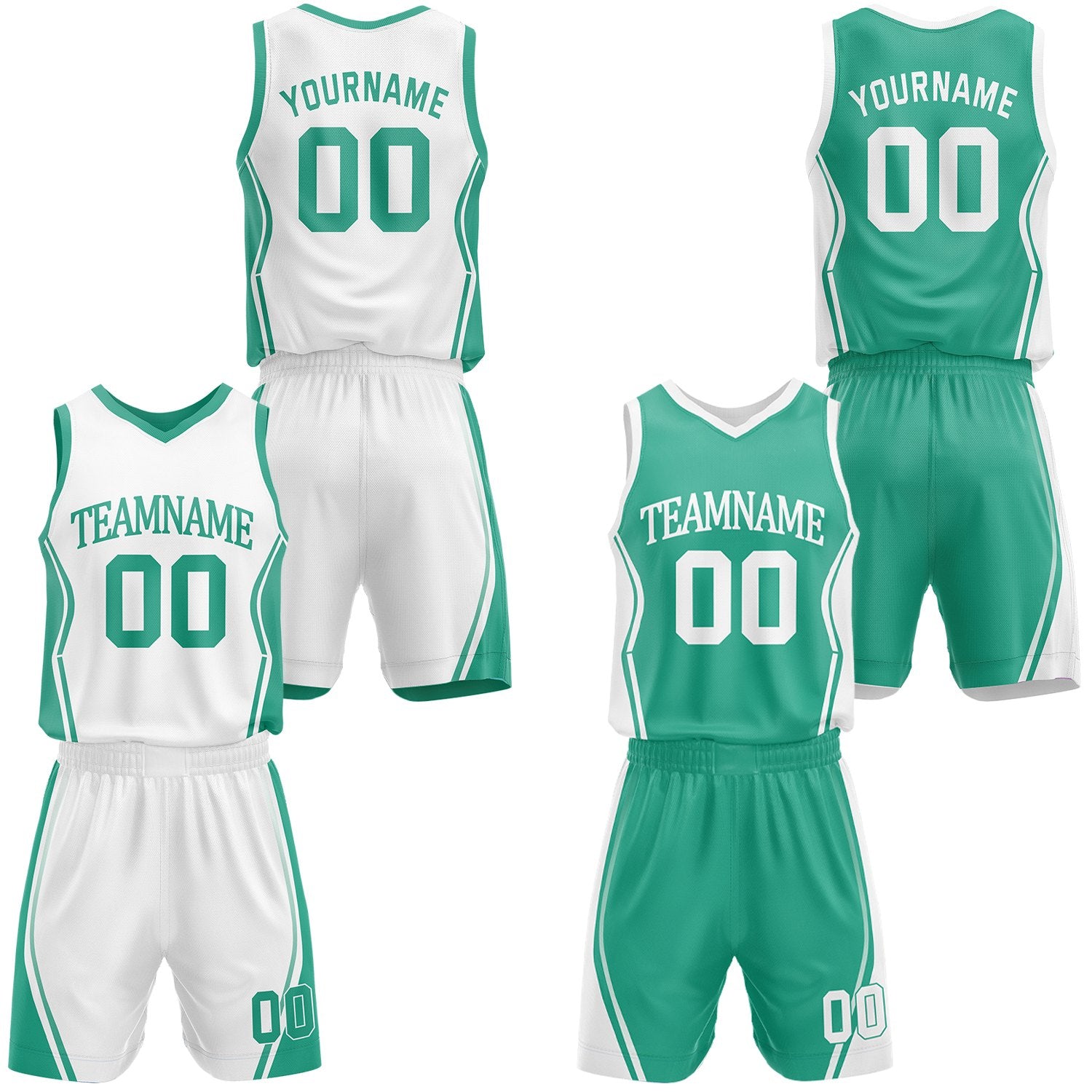 Custom green & white reversible basketball jersey shorts set by Vosoli | Personalized block team name number geometric uniform sportswear