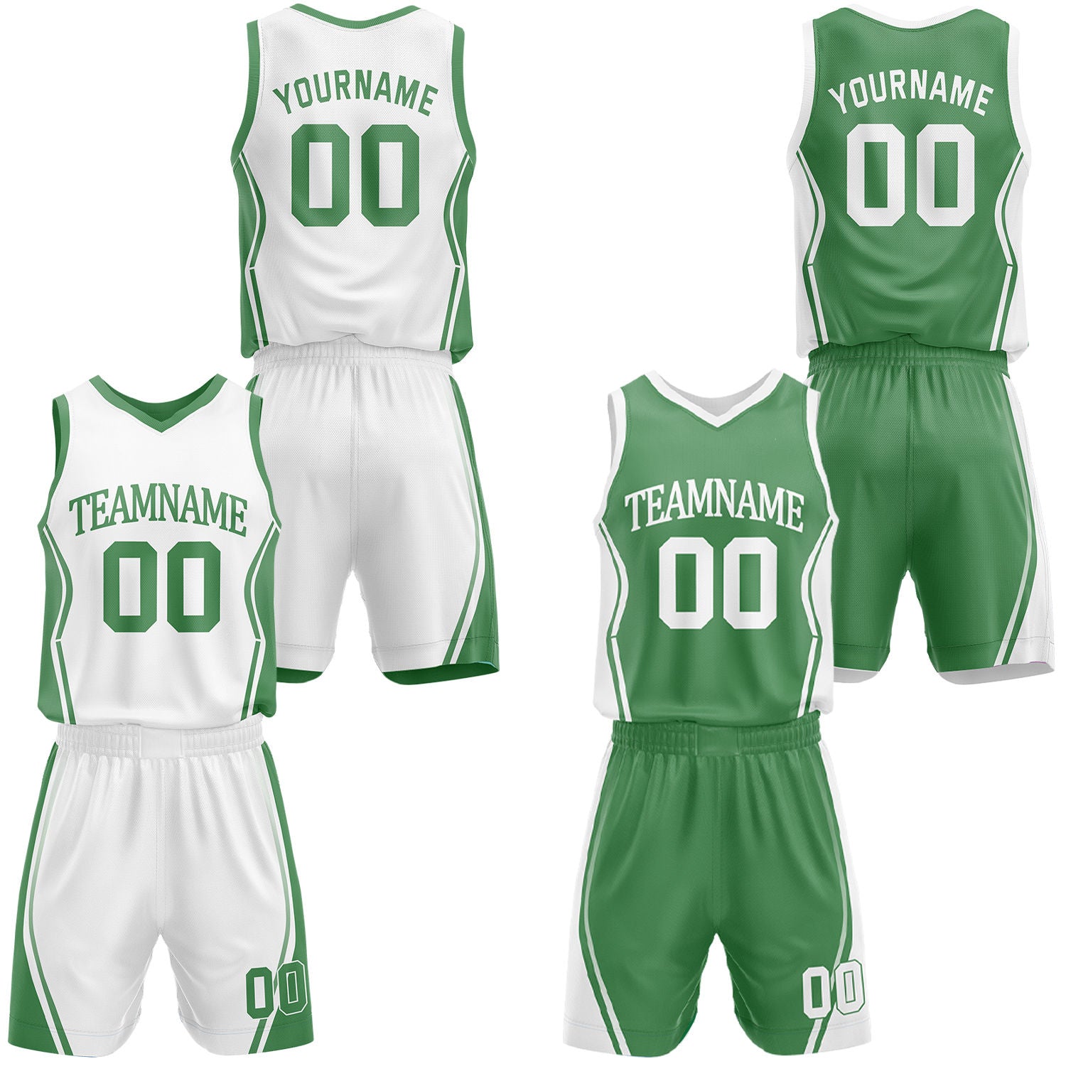 Custom green & white reversible basketball jersey shorts set by Vosoli | Personalized block team name number geometric uniform sportswear