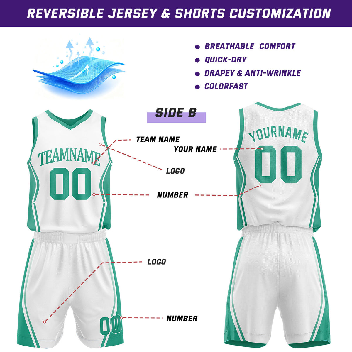 Custom Green & White Reversible Geometric Basketball Jersey Shorts Set | Personalized Team Uniform