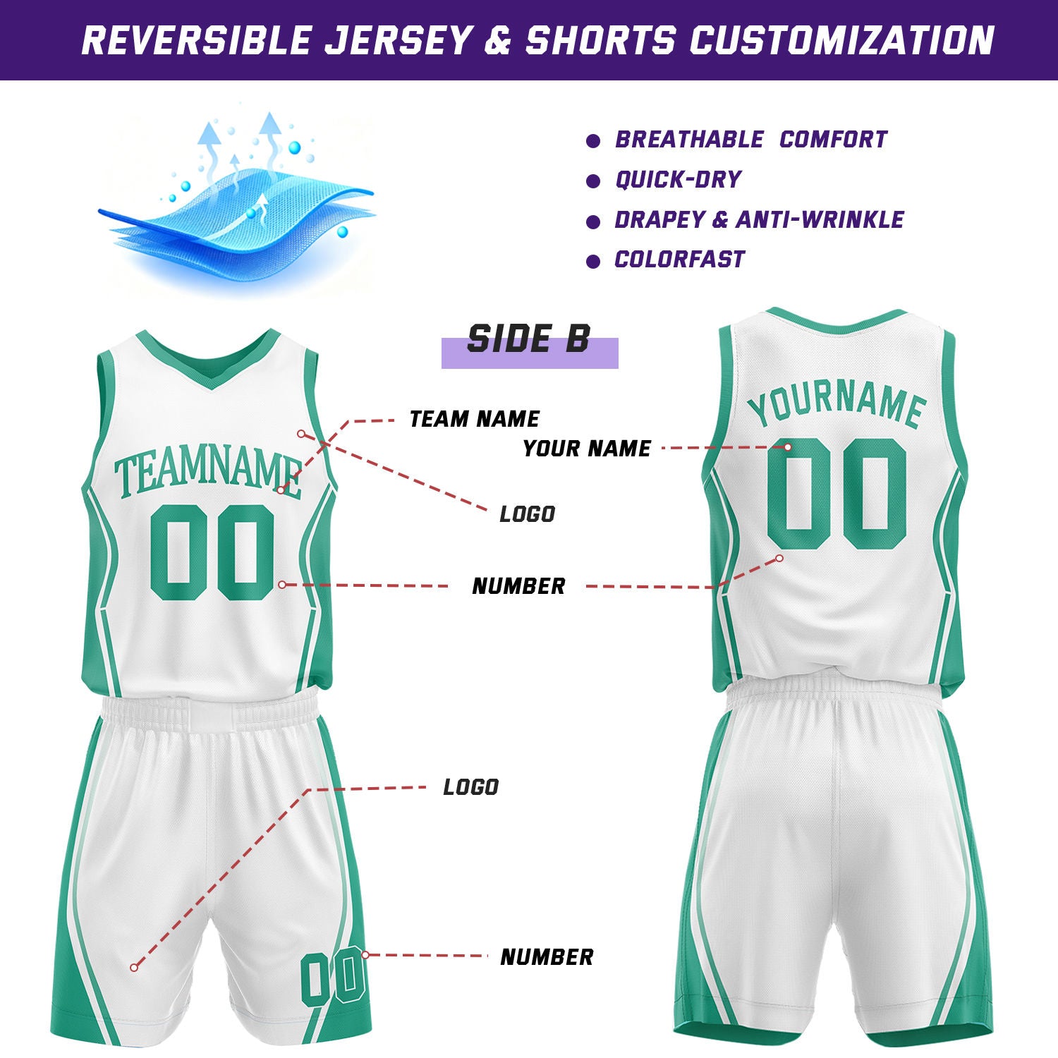 Custom Green & White Reversible Geometric Basketball Jersey Shorts Set | Personalized Team Uniform