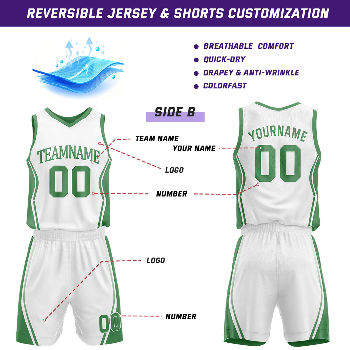 Custom Green & White Reversible Geometric Basketball Jersey Shorts Set | Personalized Team Uniform