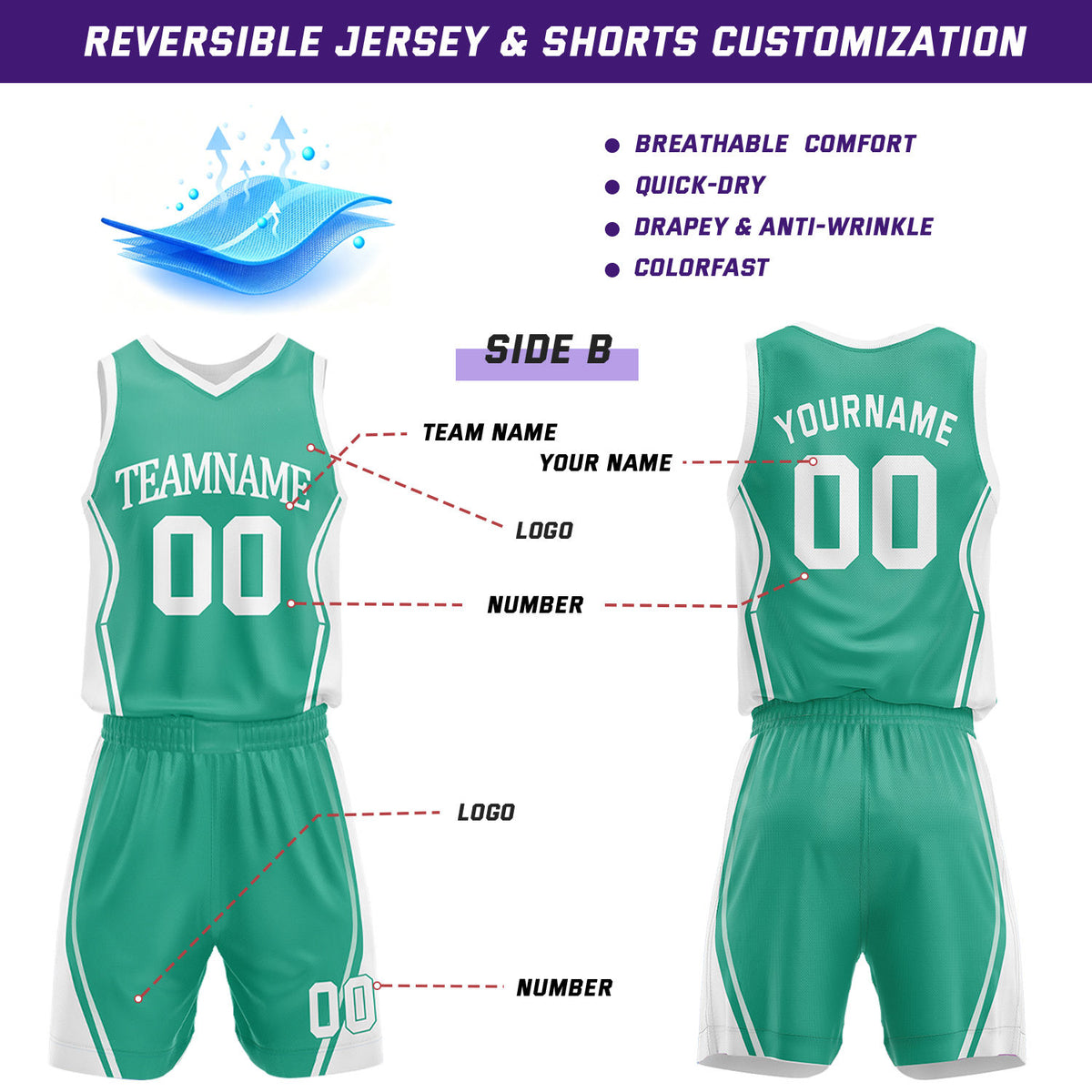 Custom Green & White Reversible Geometric Basketball Jersey Shorts Set | Personalized Team Uniform