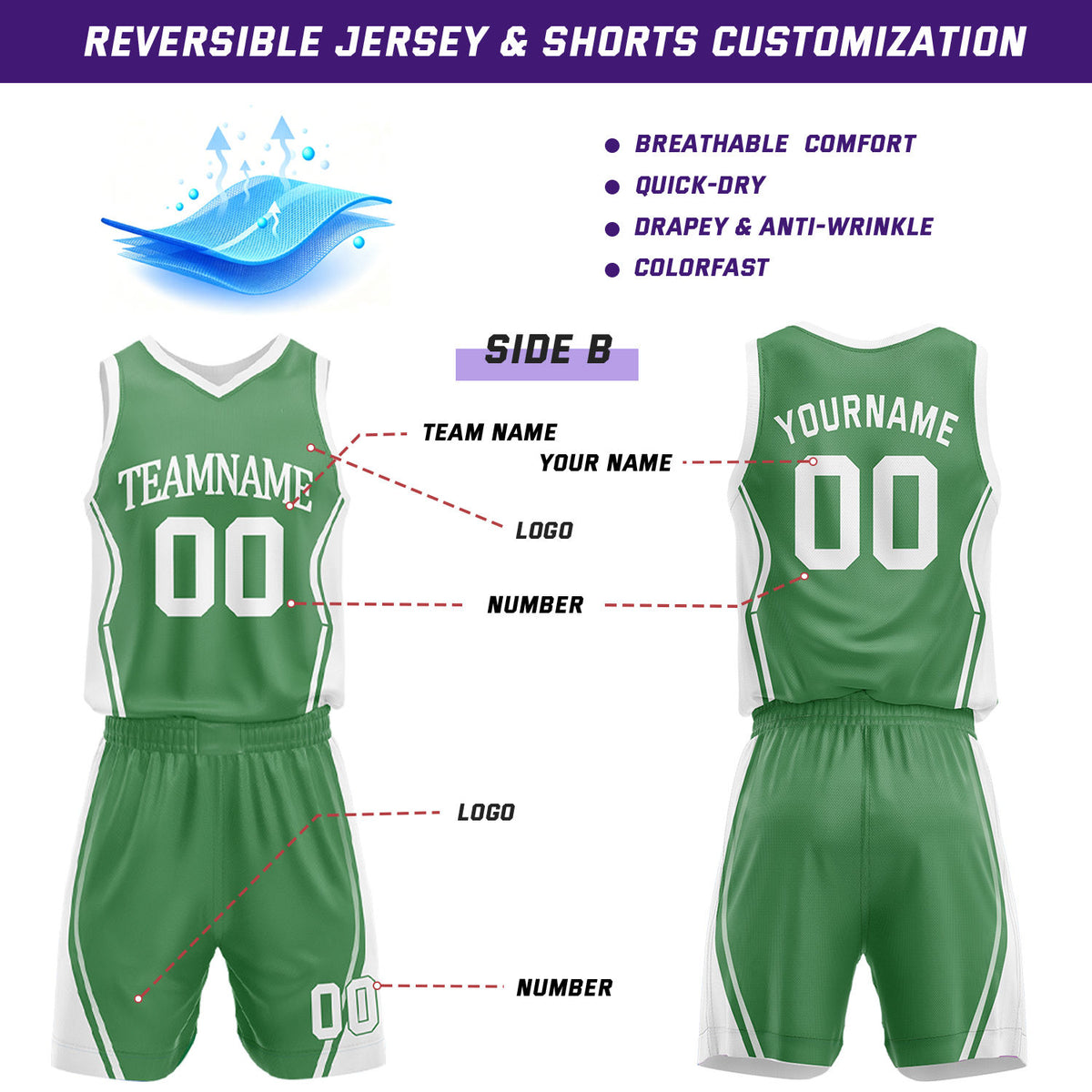 Custom Green & White Reversible Geometric Basketball Jersey Shorts Set | Personalized Team Uniform