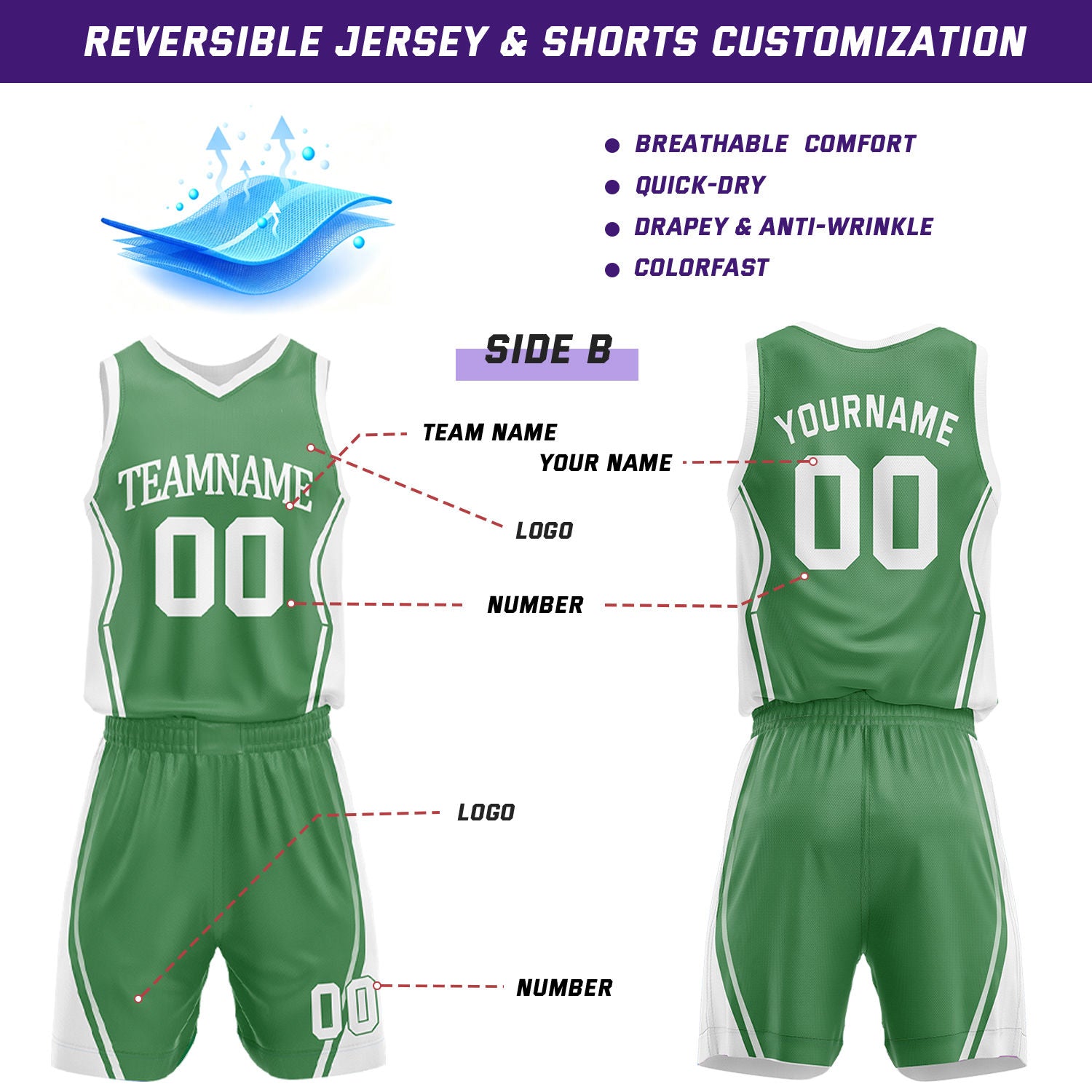 Custom Green & White Reversible Geometric Basketball Jersey Shorts Set | Personalized Team Uniform