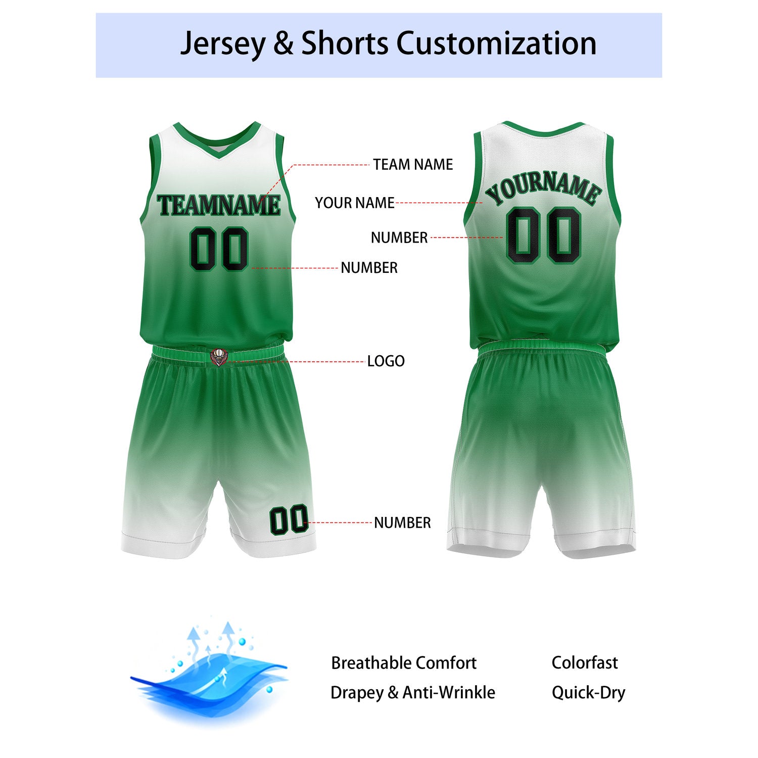 Custom Green & White Gradient Basketball Jersey + Shorts Set - Personalized Team Name, Number | Vosoli