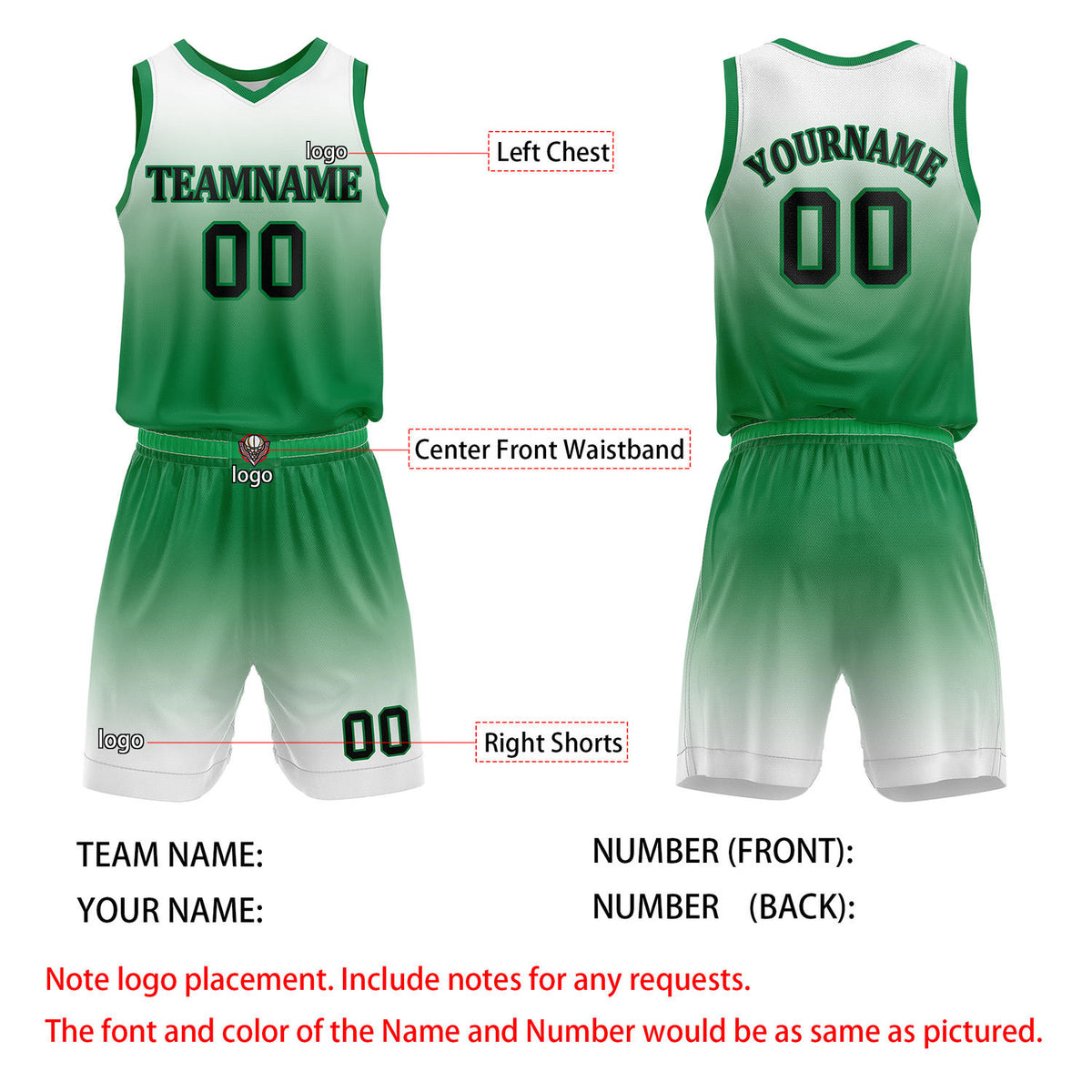 Custom Green & White Gradient Basketball Jersey + Shorts Set - Personalized Team Name, Number | Vosoli