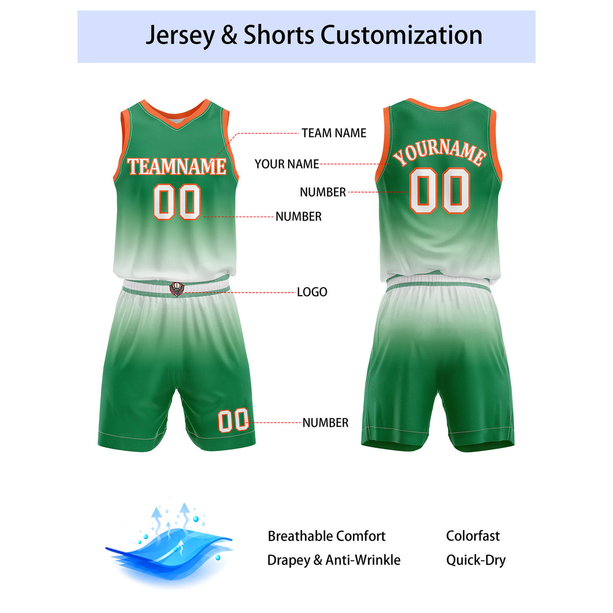Custom Green & White Gradient Basketball Jersey + Shorts Set - Personalized Team Name, Number & LOGO | Vosoli