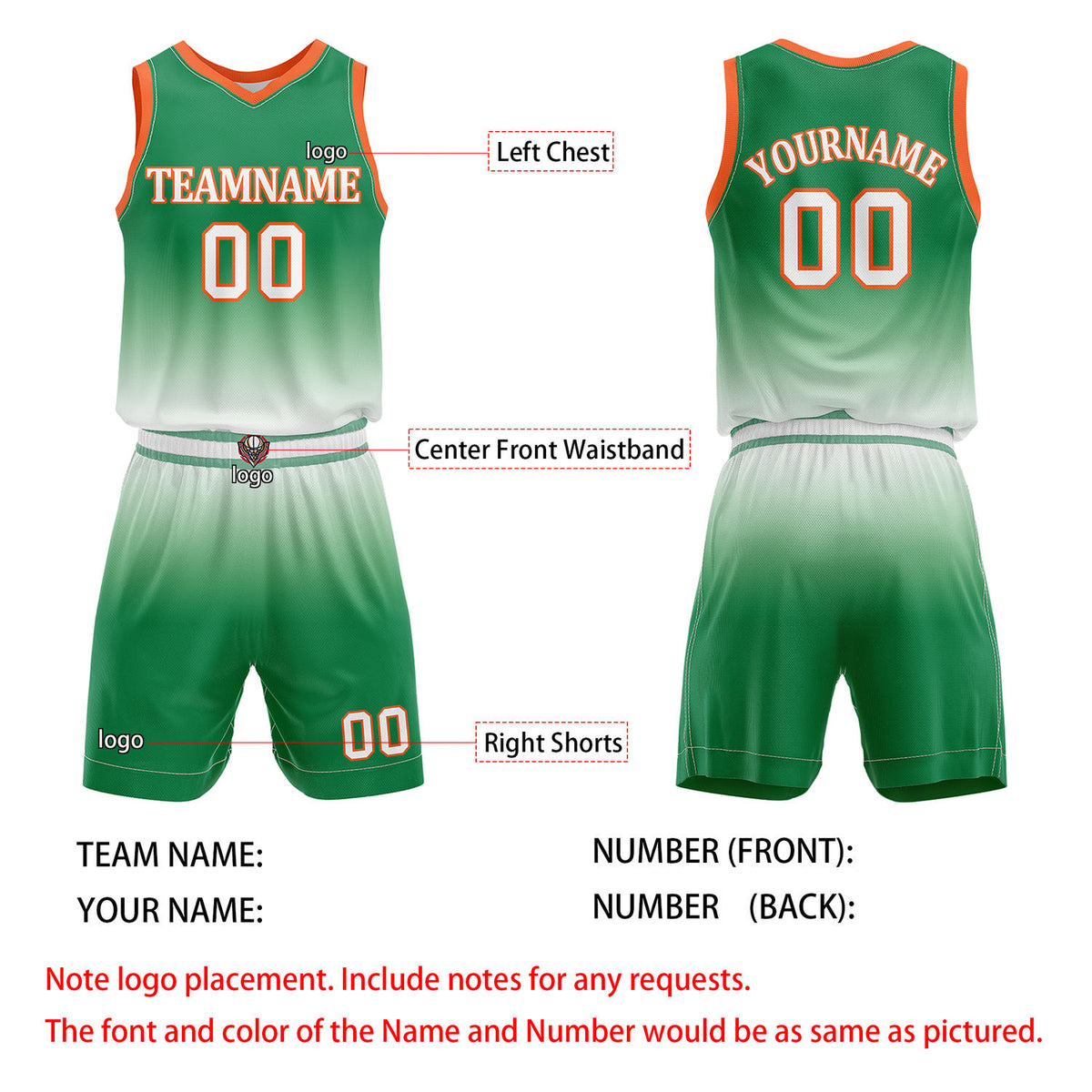 Custom Green & White Gradient Basketball Jersey + Shorts Set - Personalized Team Name, Number & LOGO | Vosoli