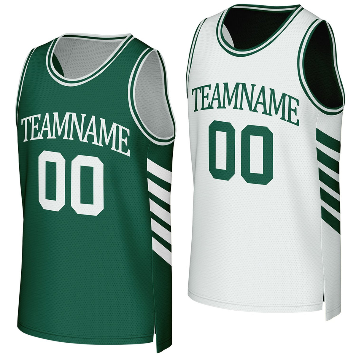 Custom green & white reversible basketball jersey by Vosoli. Personalized with team name, player name, number, and logo on both sides. Breathable mesh 2-in-1 jersey for high school, college, AAU teams.